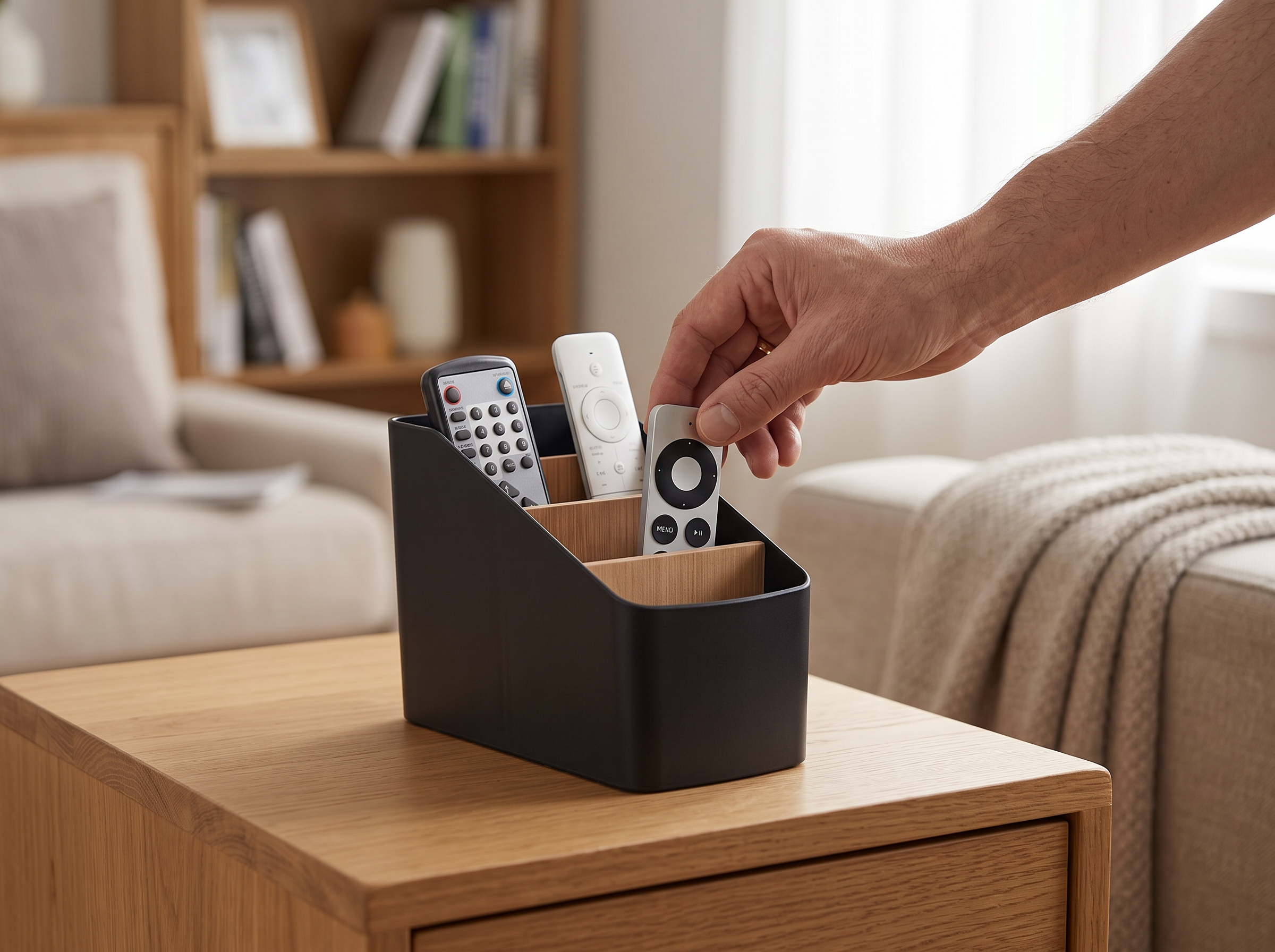 4-Compartment Remote Control Organizer for Living Room or Bedroom shown in natural everyday use at home
