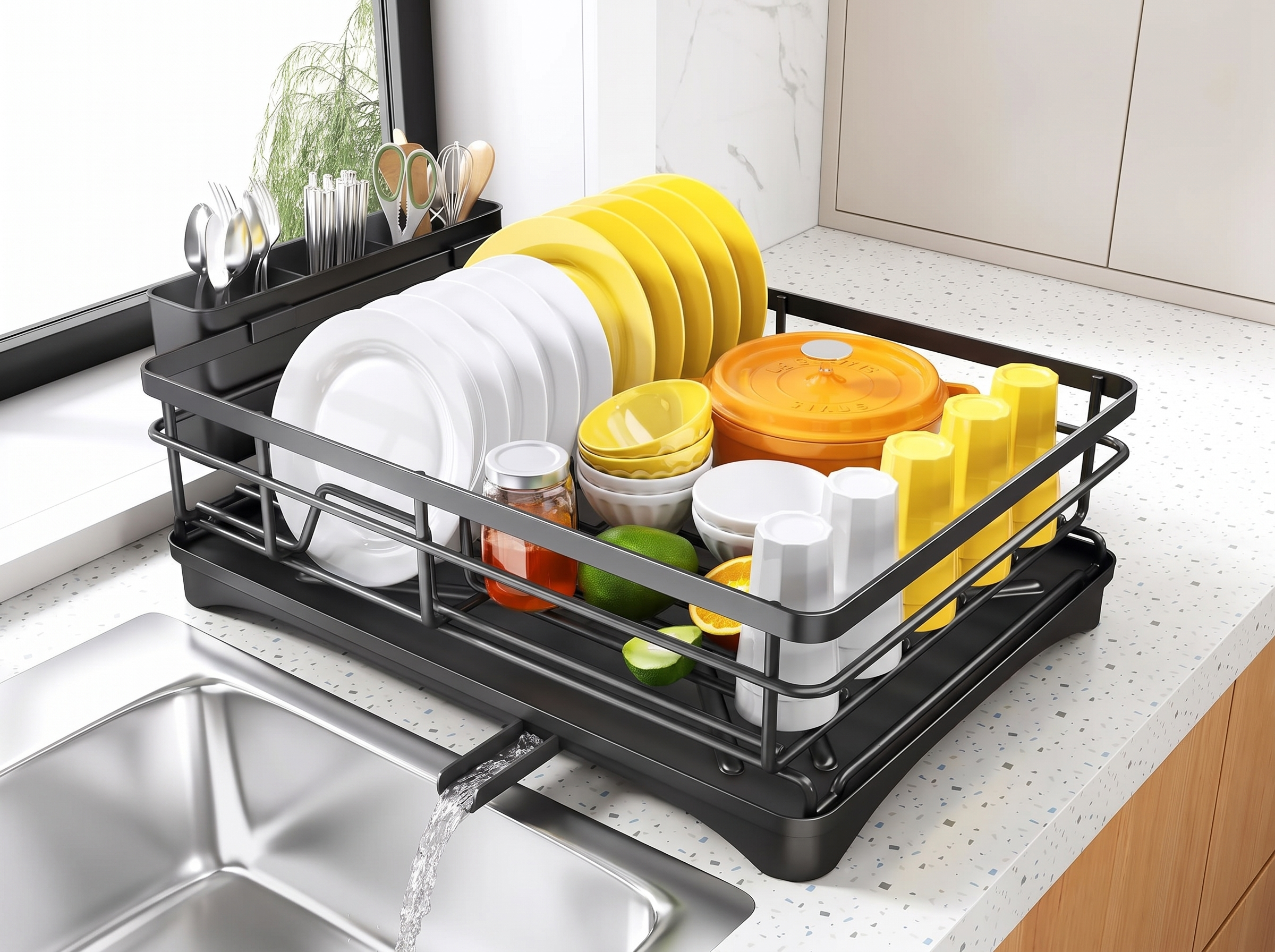 Large Steel Dish Drying Rack with Drainboard and Utensil Holder in a realistic home setting