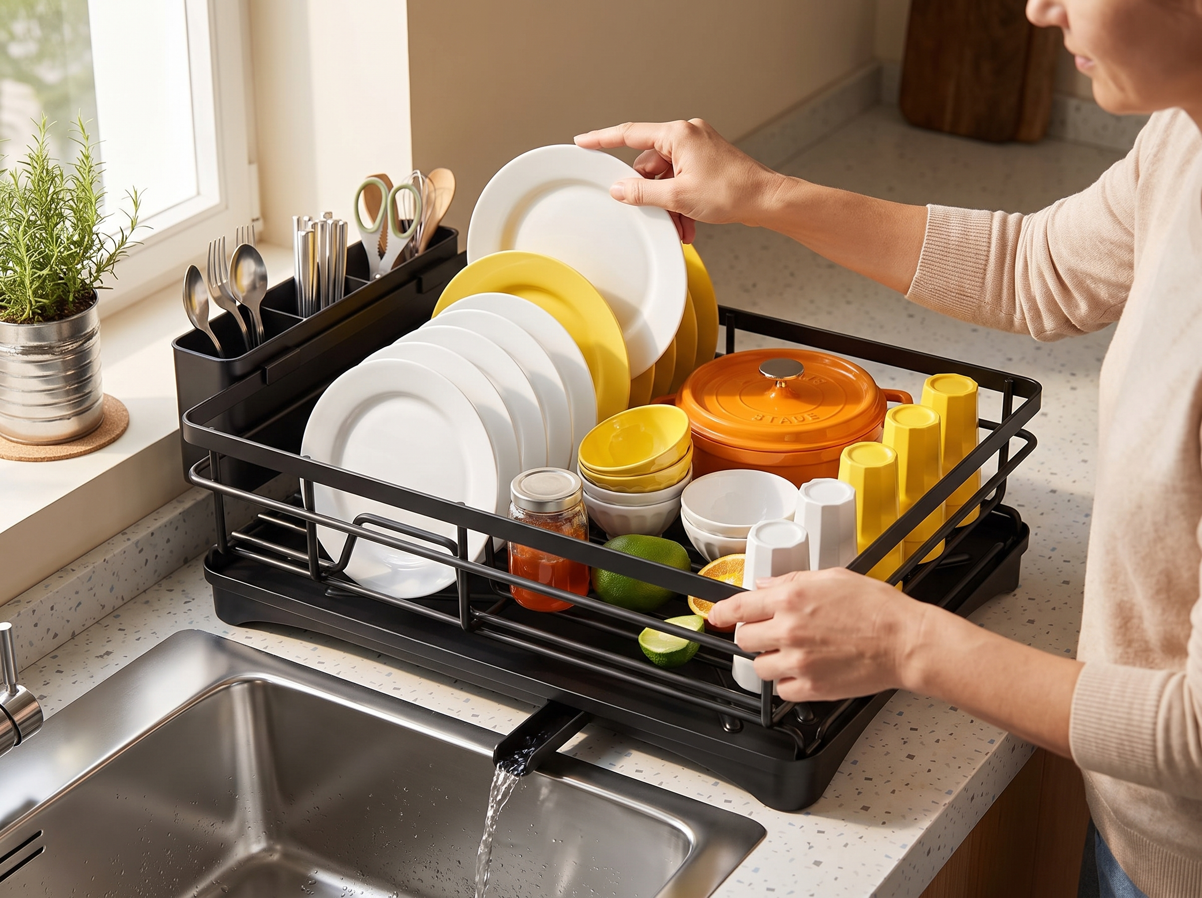 Large Steel Dish Drying Rack with Drainboard and Utensil Holder shown in natural everyday use at home