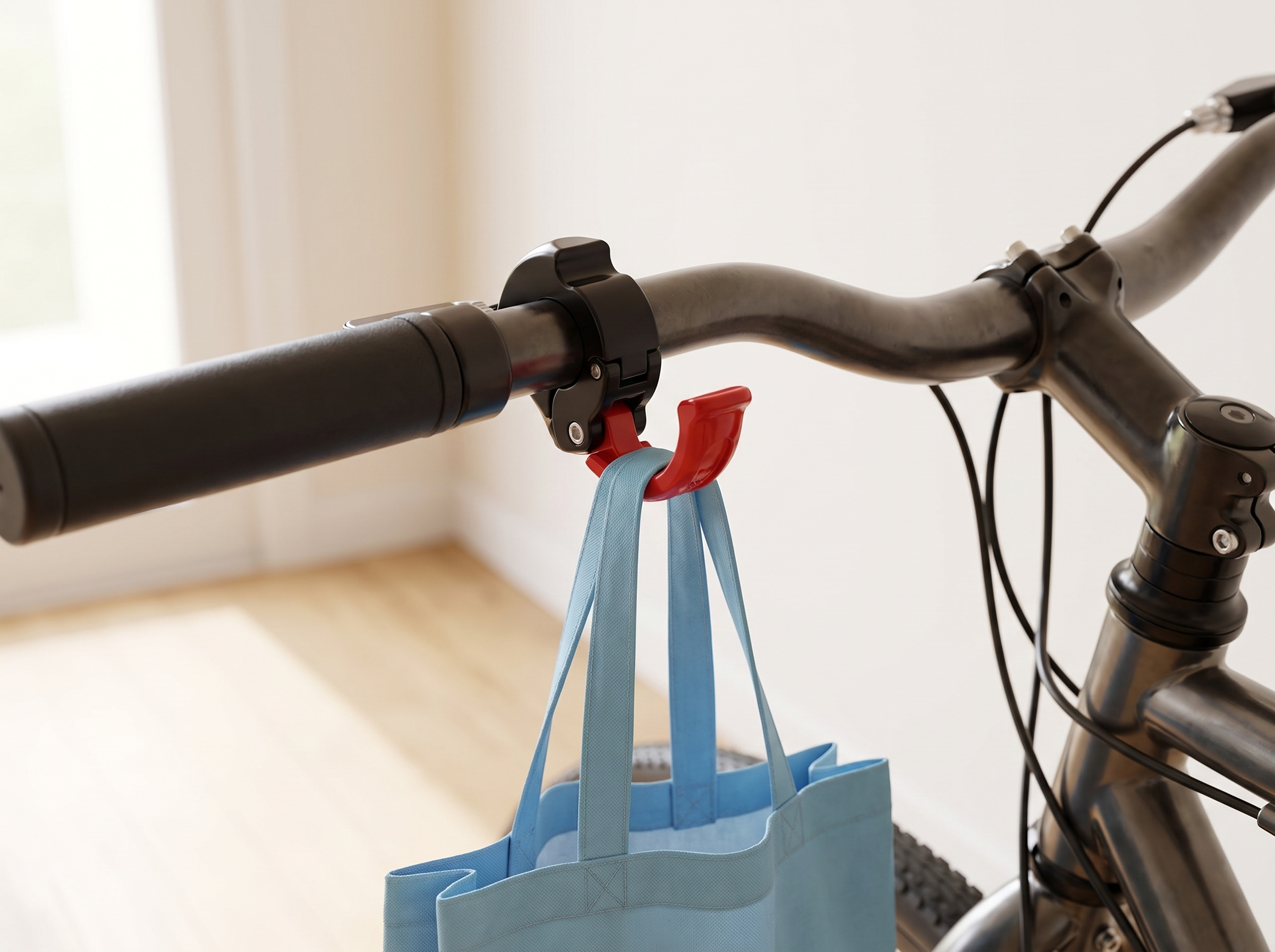 Universal Handlebar Hook for Bikes and Scooters in a realistic home setting