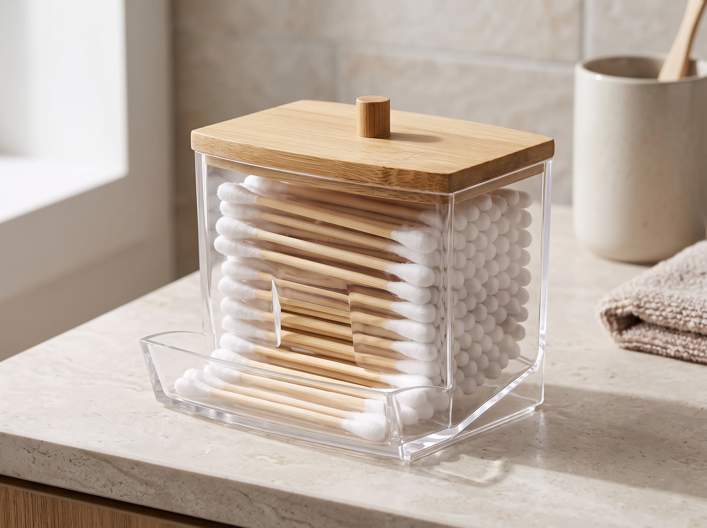 Clear Cotton Swab Holder with Lid for Bathroom or Vanity in a realistic home setting