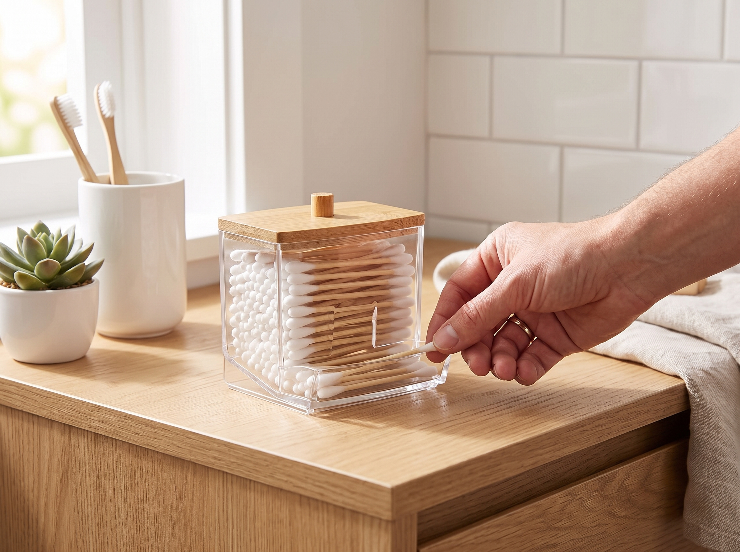 Clear Cotton Swab Holder with Lid for Bathroom or Vanity shown in natural everyday use at home