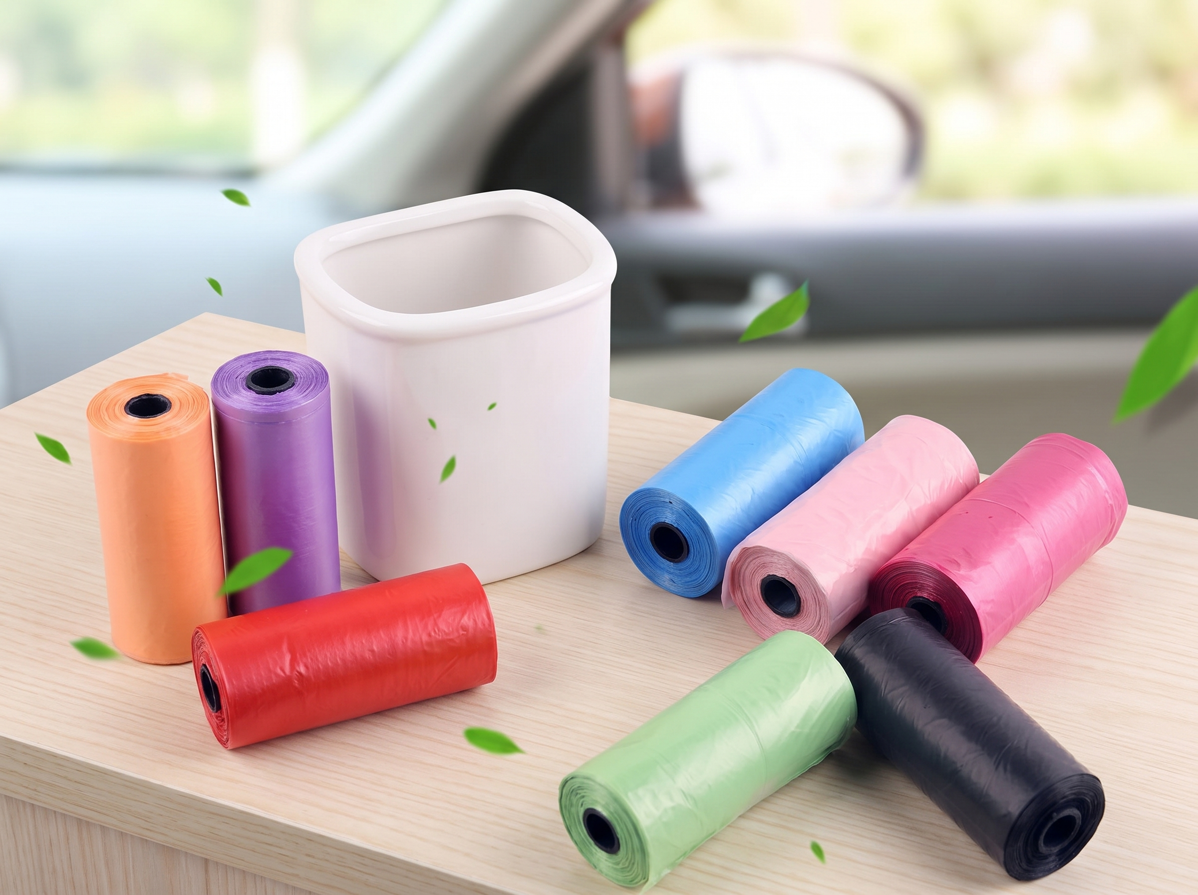 Compact Trash Bag Rolls for Car and Small Waste Bins in a realistic home setting