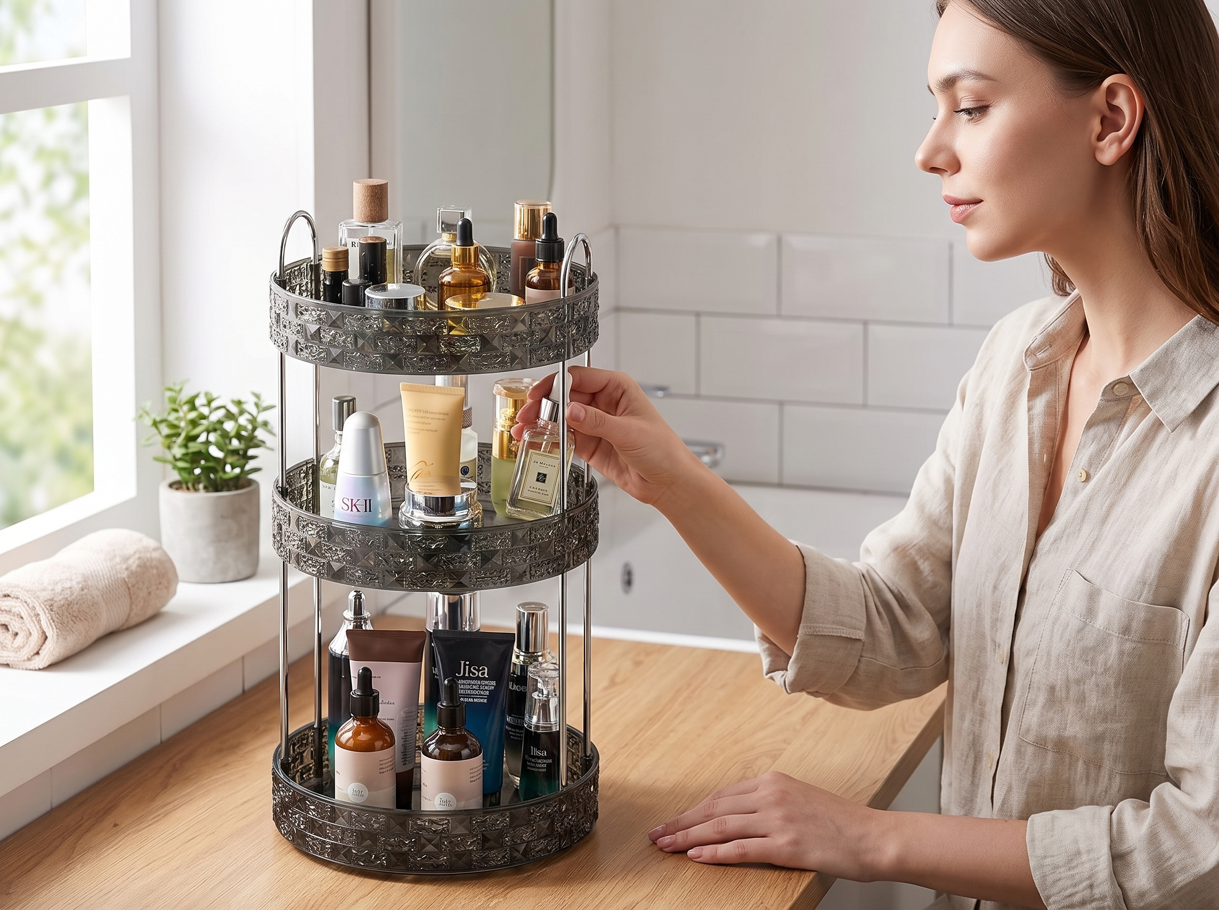 360° Rotating Multi-Tier Makeup Organizer for Vanity and Bathroom shown in natural everyday use at home