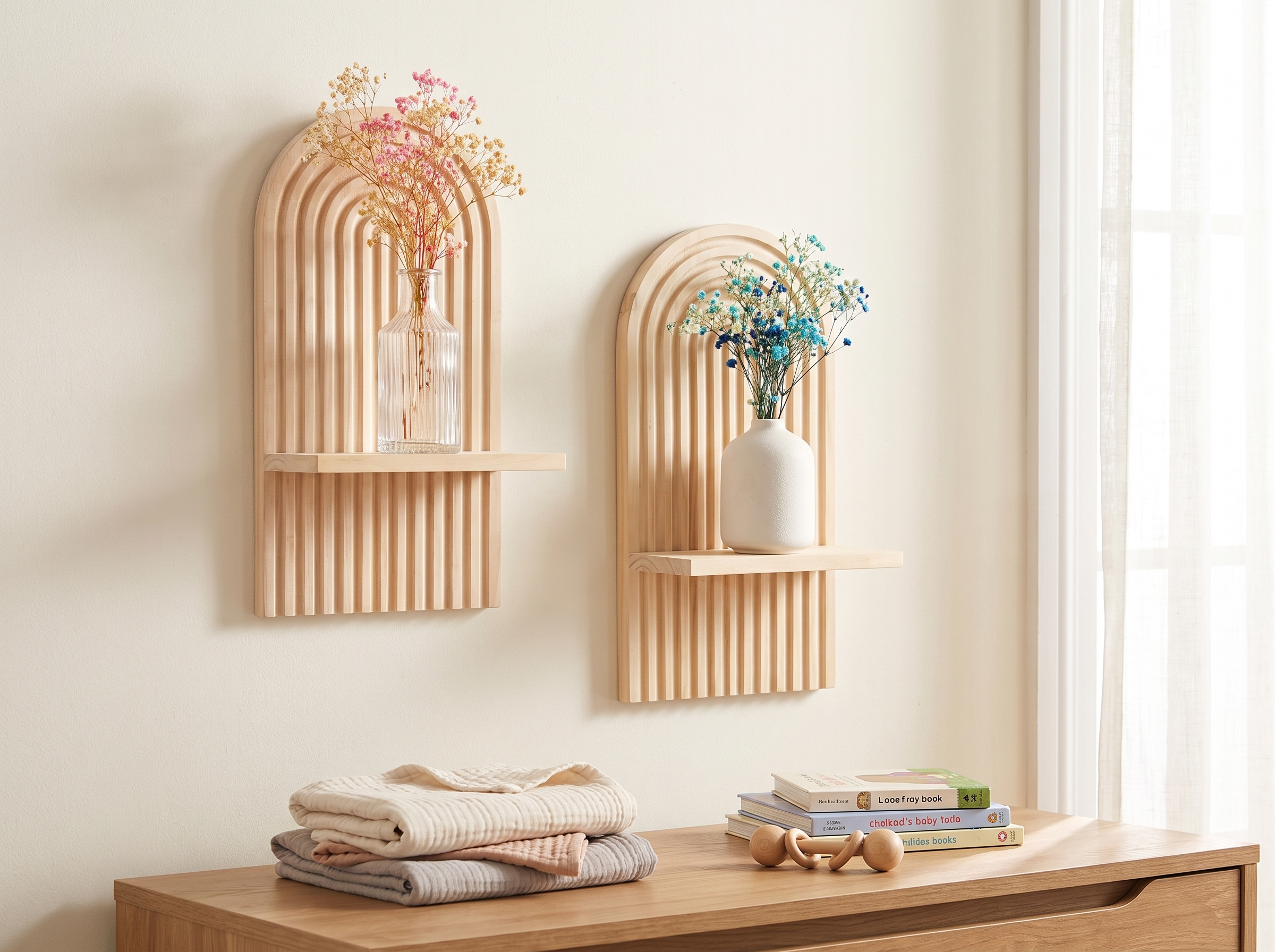 Boho Wooden Arch Floating Shelf for Wall – Nursery, Living Room & More in a realistic home setting