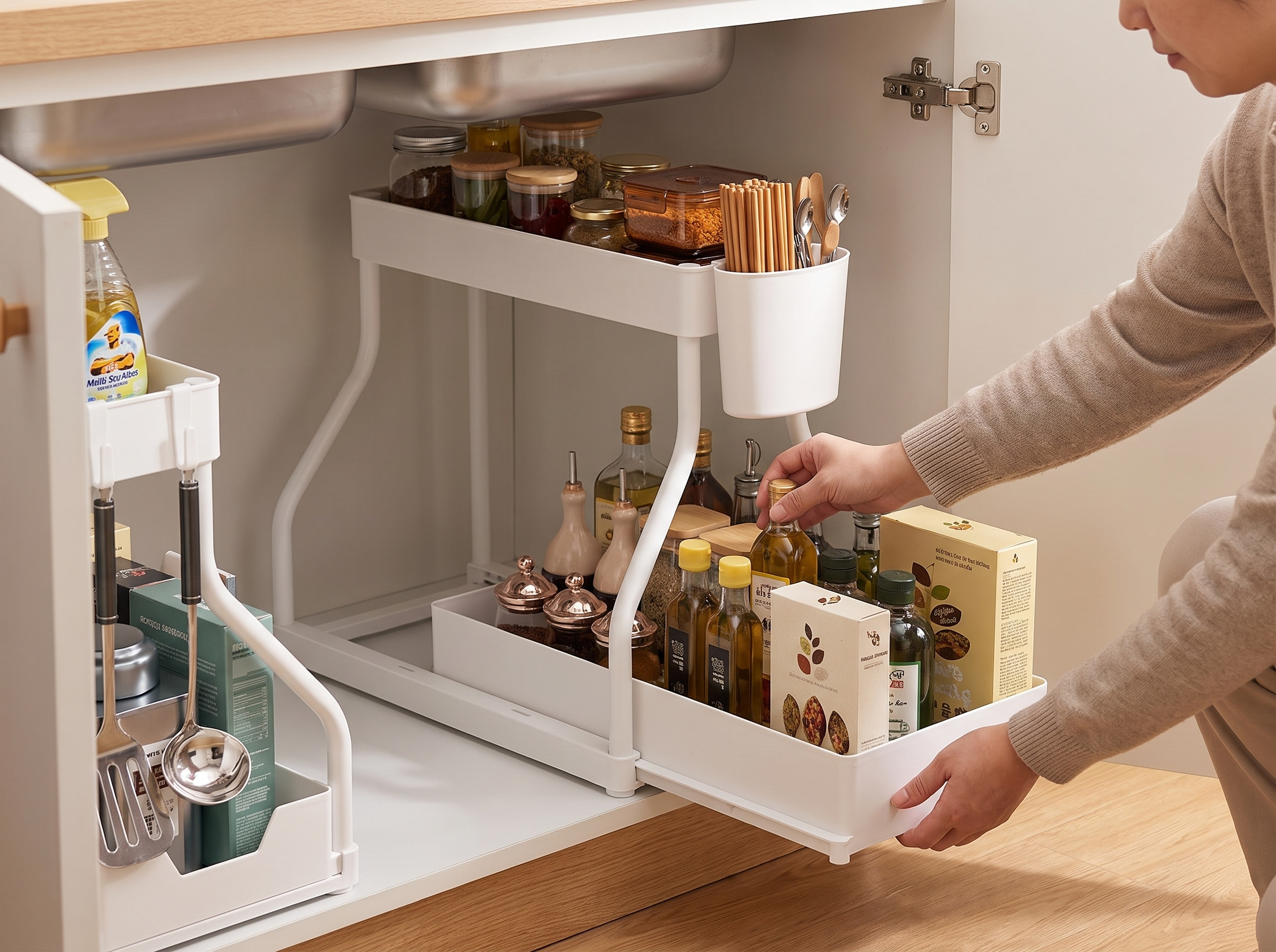 2-Tier Under Sink Organizer Drawer for Kitchen and Bathroom shown in natural everyday use at home