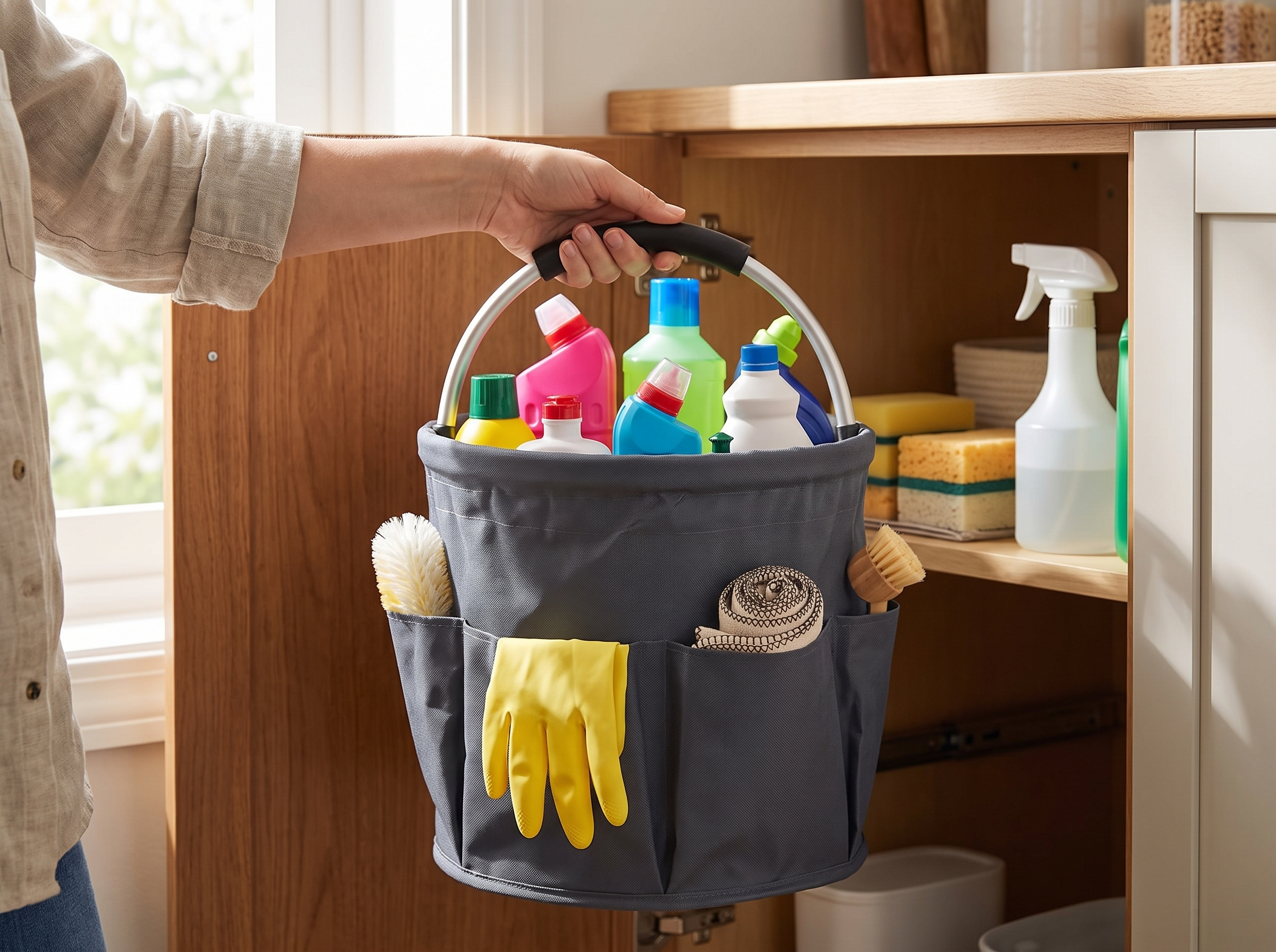 17L Foldable Cleaning Caddy with Handle for Home Organization shown in natural everyday use at home