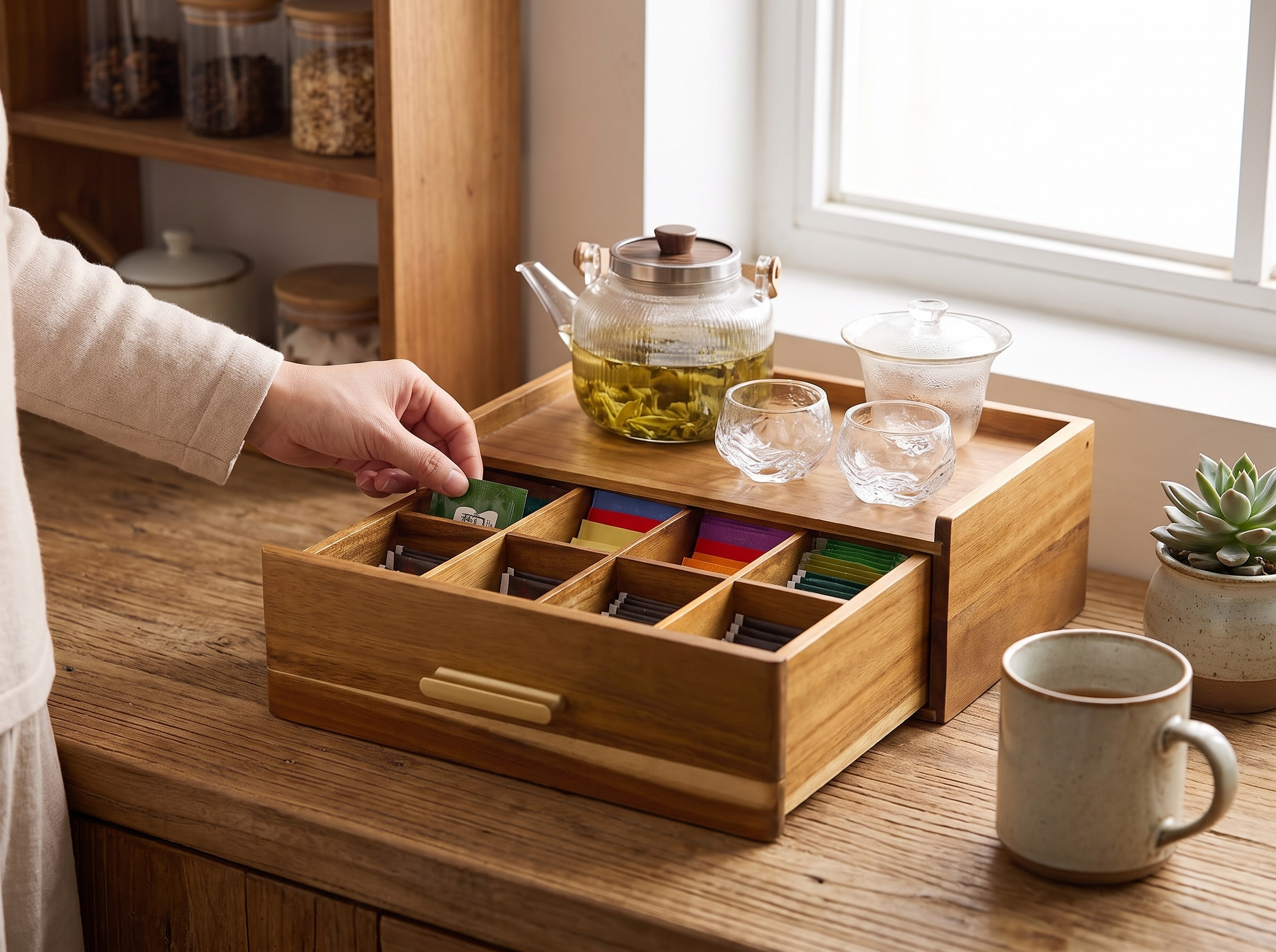 Wood Tea Bag Organizer Box with Drawer for Kitchen, Pantry, or Office shown in natural everyday use at home