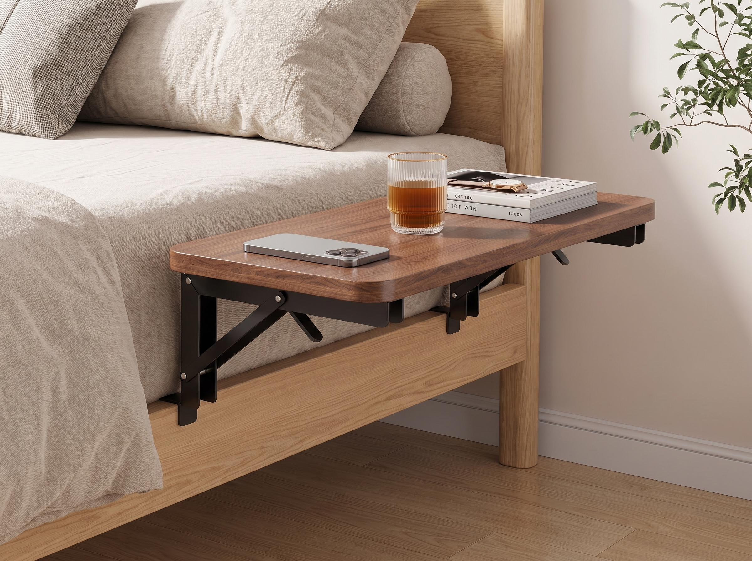 Foldable Bedside Shelf Table for Small-Space Bedrooms in a realistic home setting