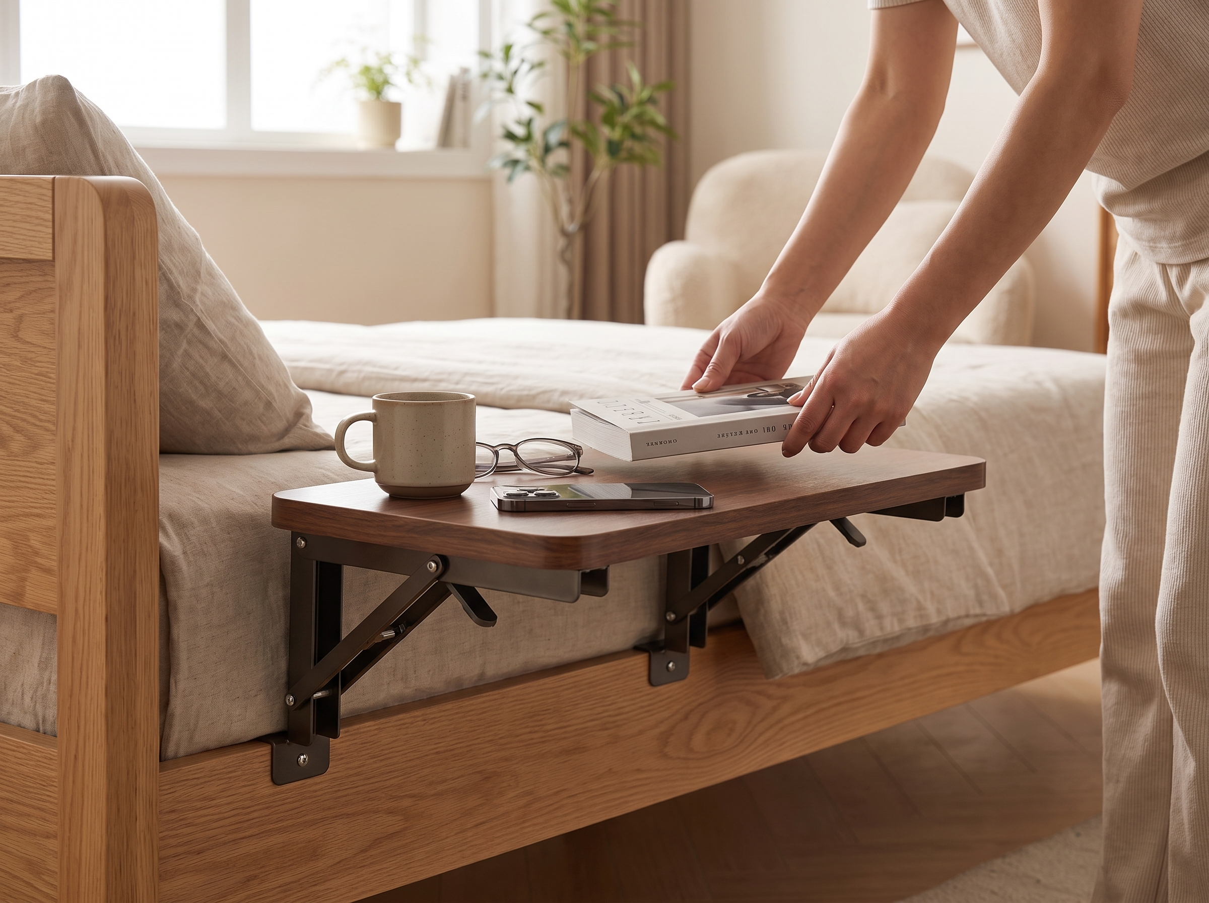 Foldable Bedside Shelf Table for Small-Space Bedrooms shown in natural everyday use at home