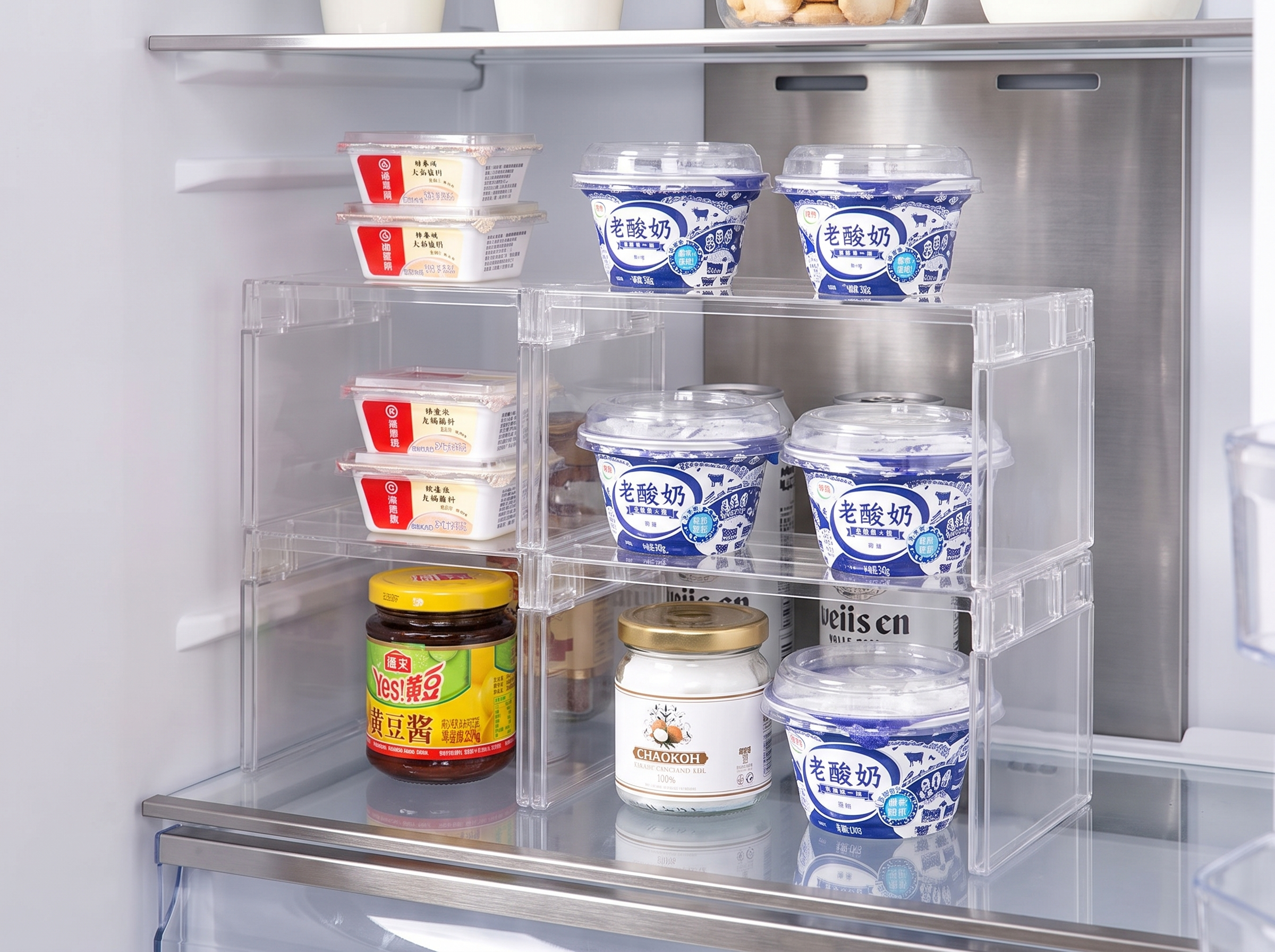 Clear Stackable Fridge Shelf Organizer for Kitchen & Pantry in a realistic home setting
