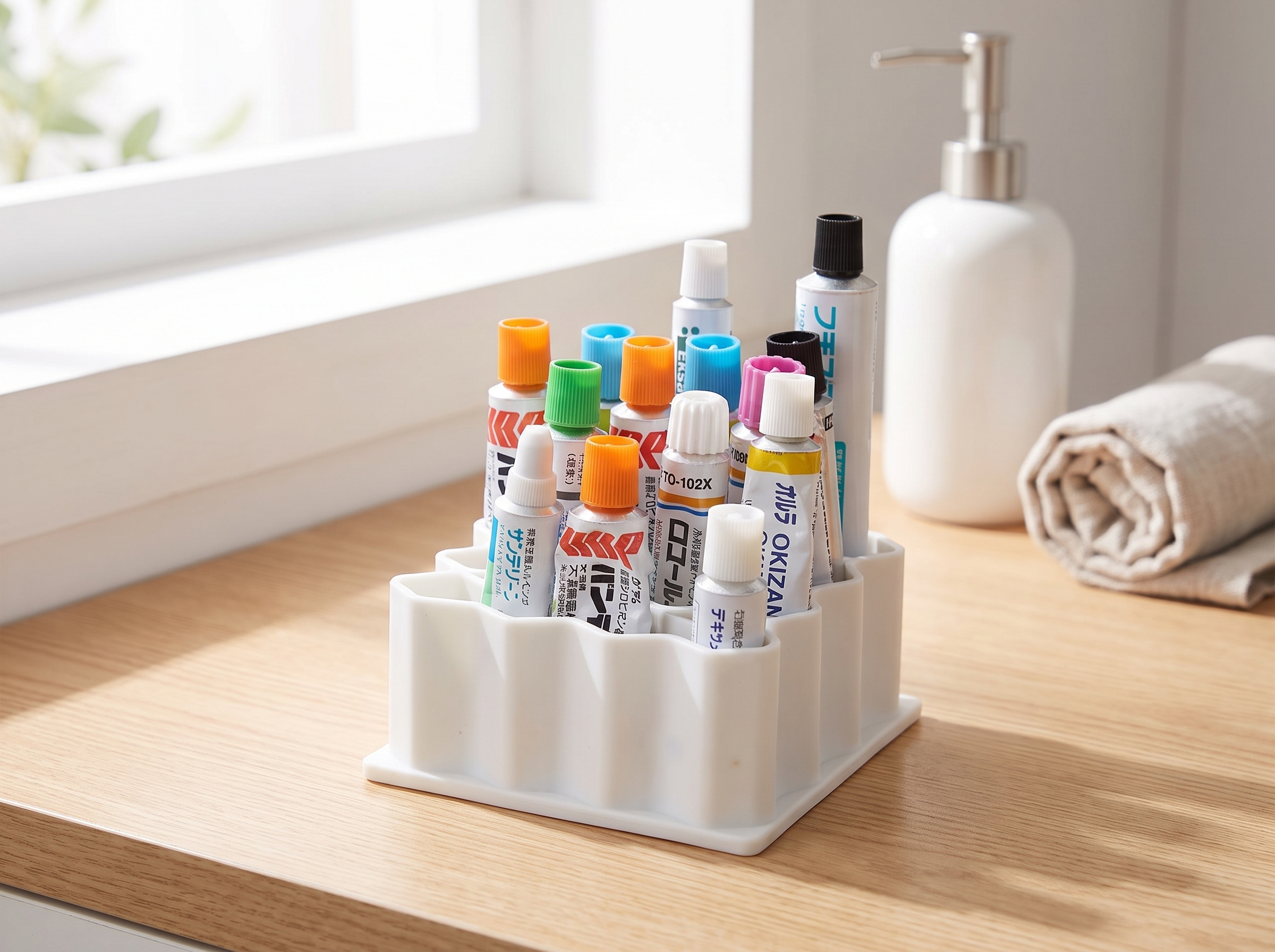 32-Slot Silicone Organizer for Ointments and Medicine Cabinet Essentials in a realistic home setting