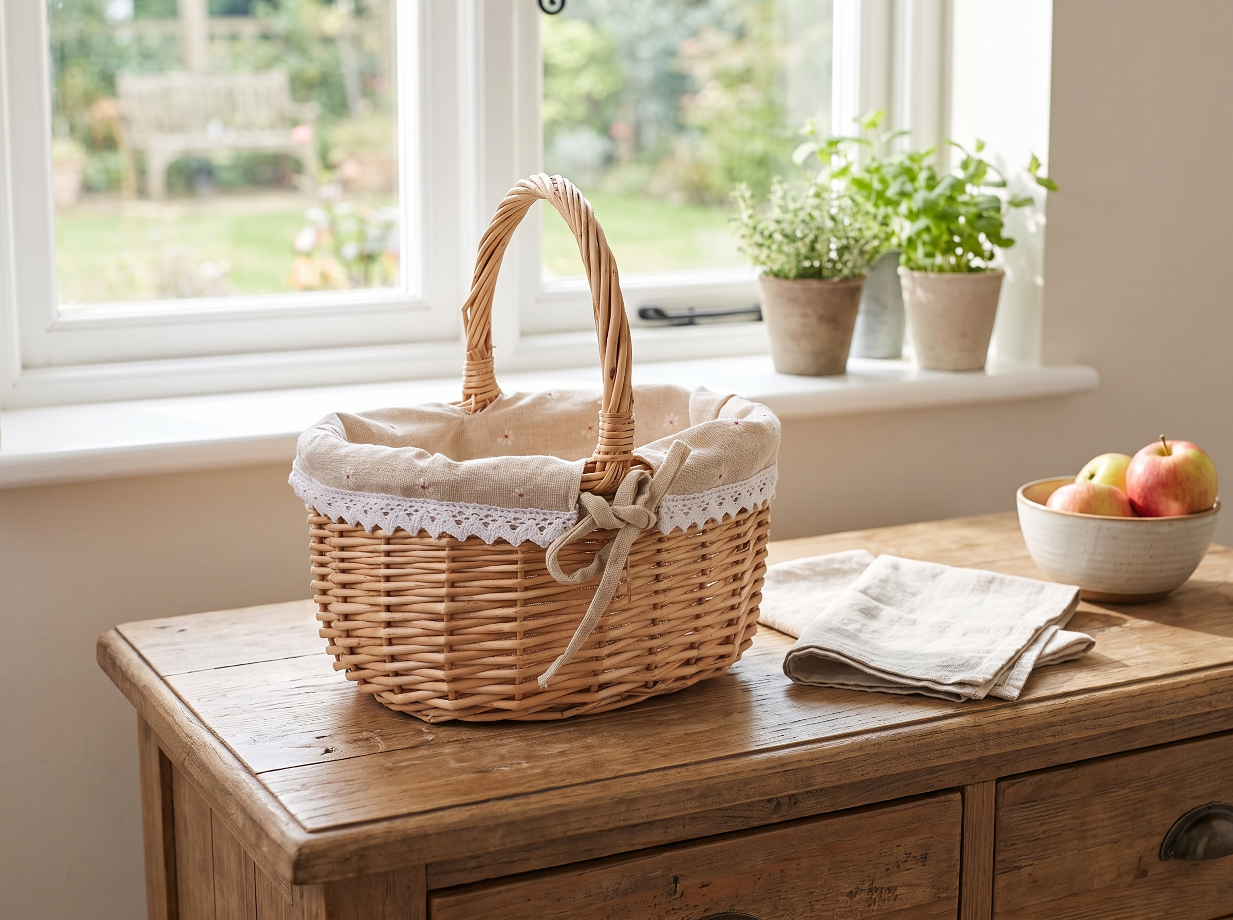 Oval Rattan Storage Basket with Liner for Picnics & Home Organization in a realistic home setting