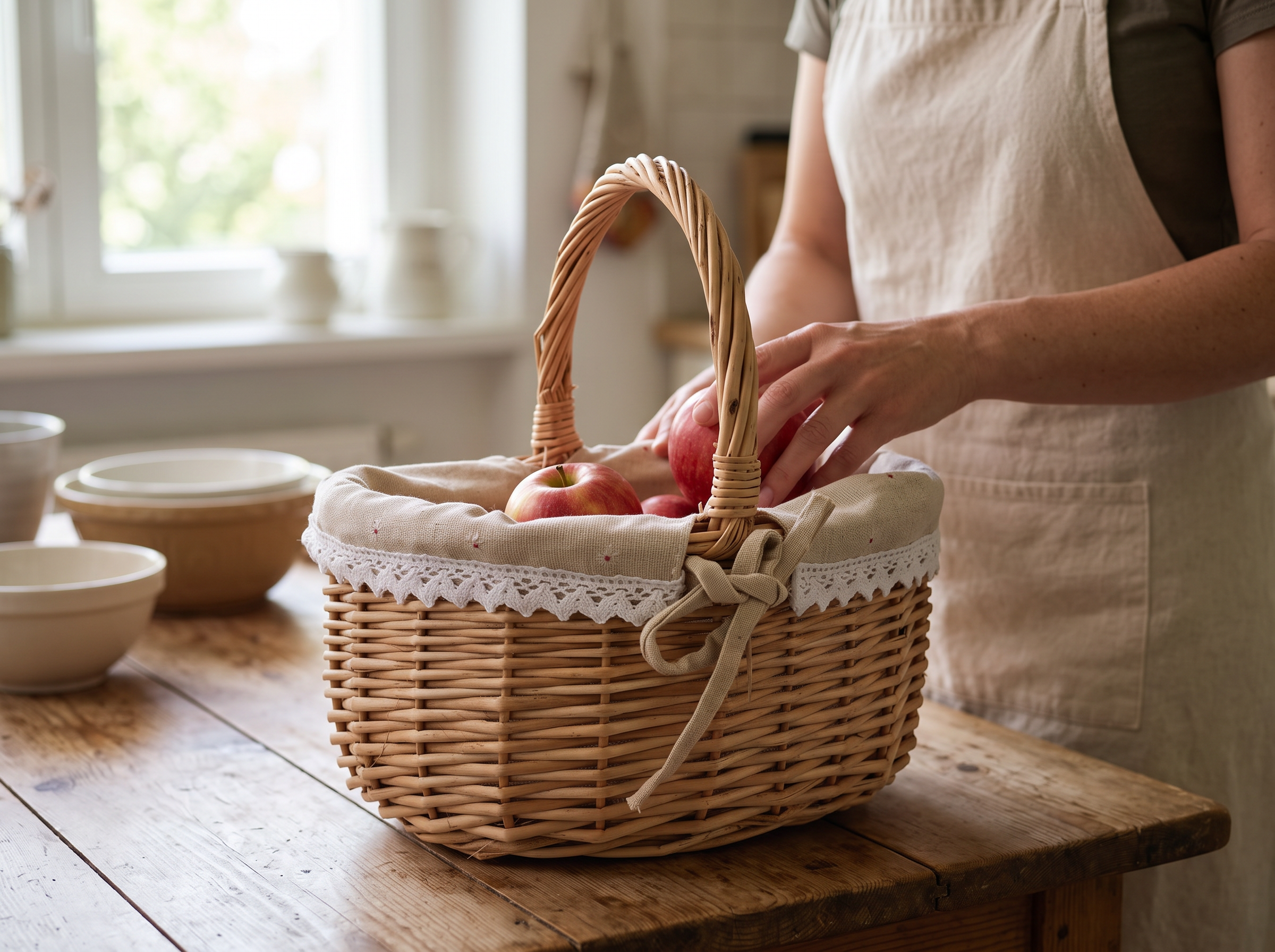 Oval Rattan Storage Basket with Liner for Picnics & Home Organization shown in natural everyday use at home