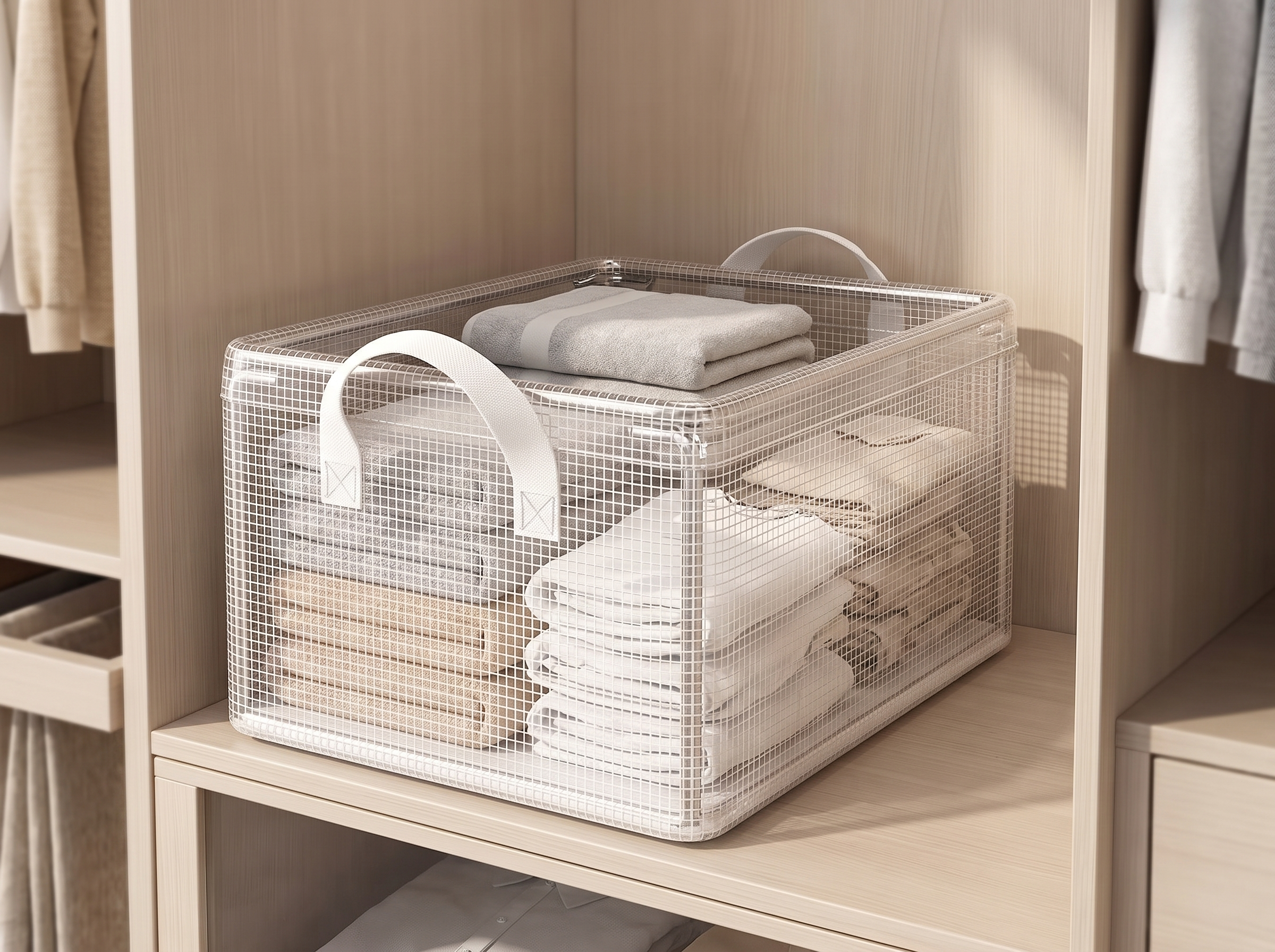 Transparent PVC Steel Frame Storage Basket for Closet & Dorm Organization in a realistic home setting