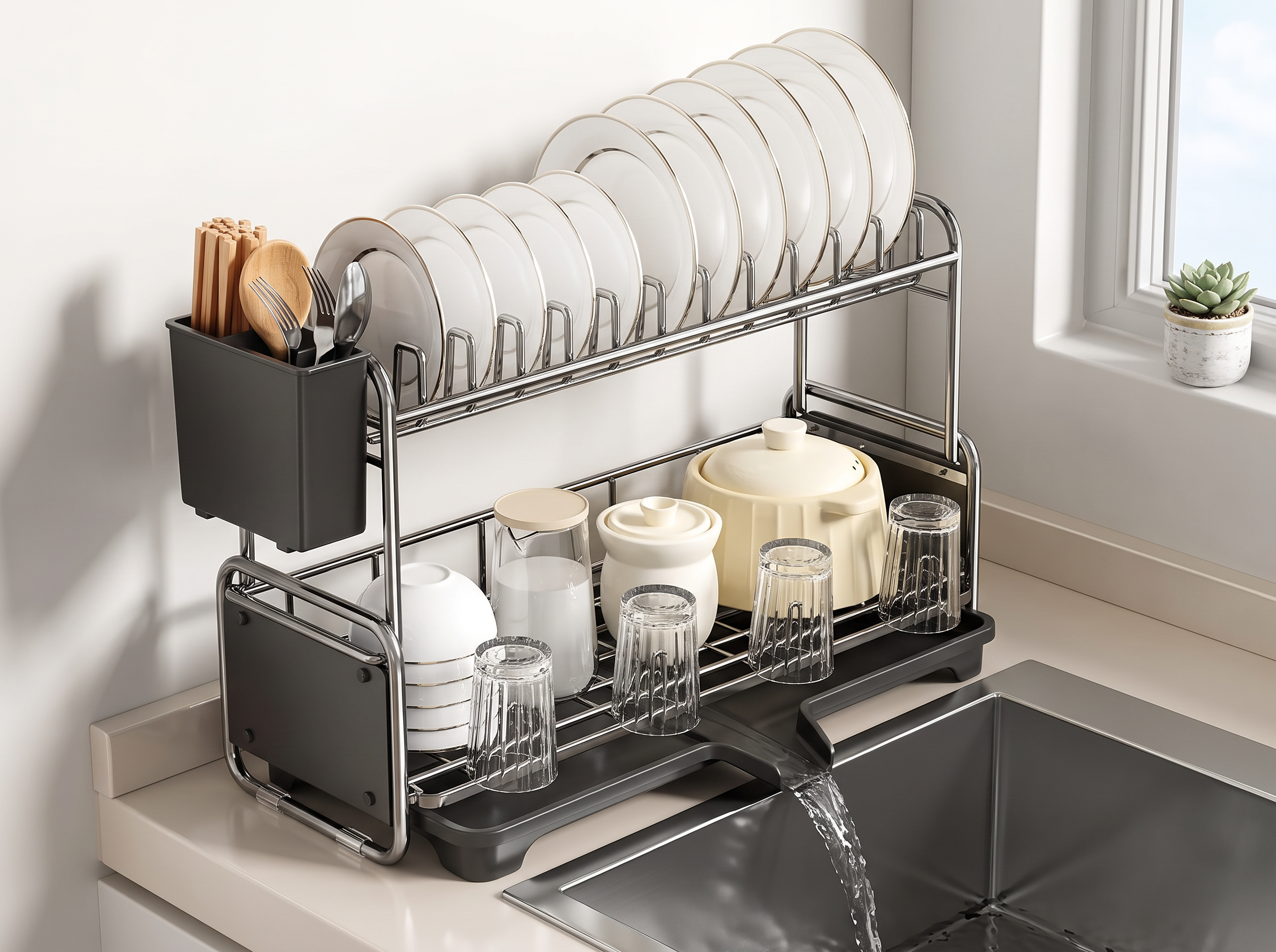 Narrow Kitchen Dish Drying Rack with Drainboard – 1 or 2 Tier in a realistic home setting