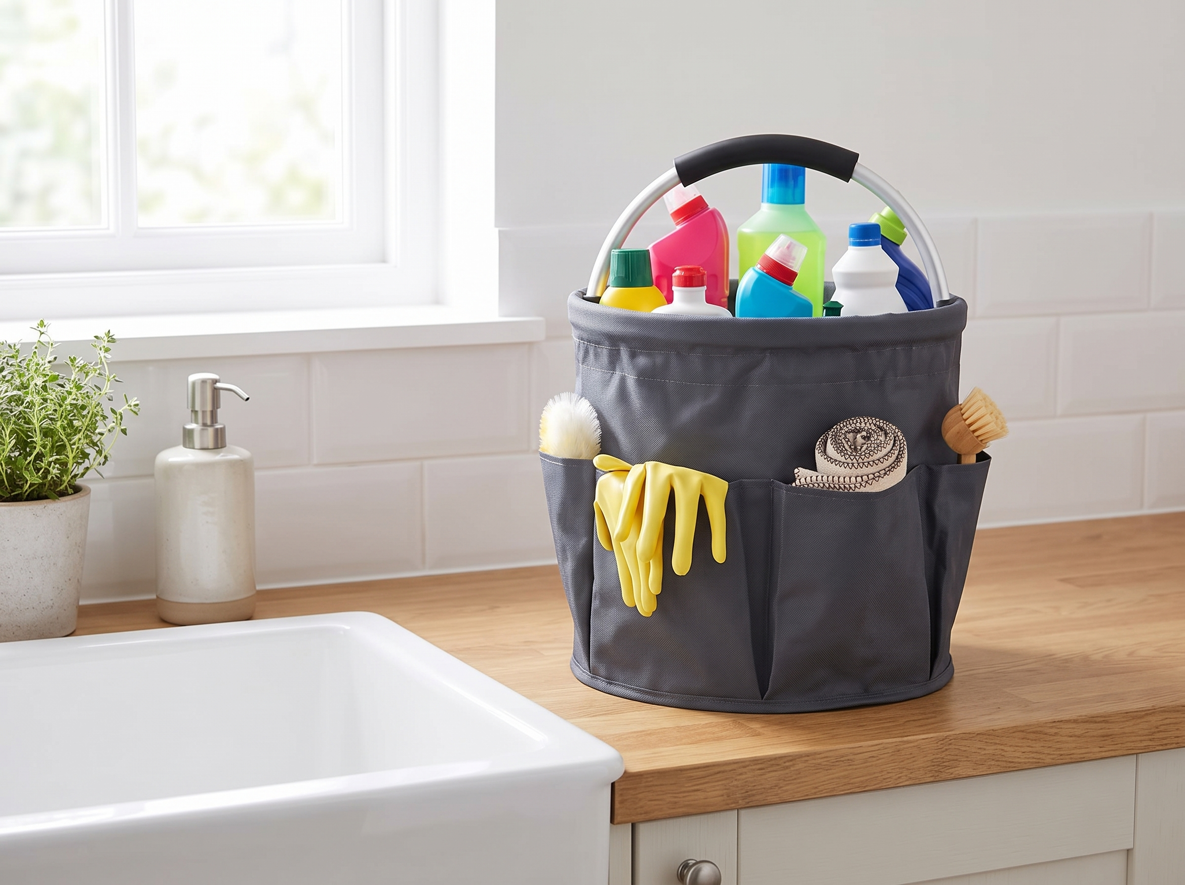 Foldable 17L Cleaning Caddy with Handle — Multi-Pocket Organizer Bag in a realistic home setting