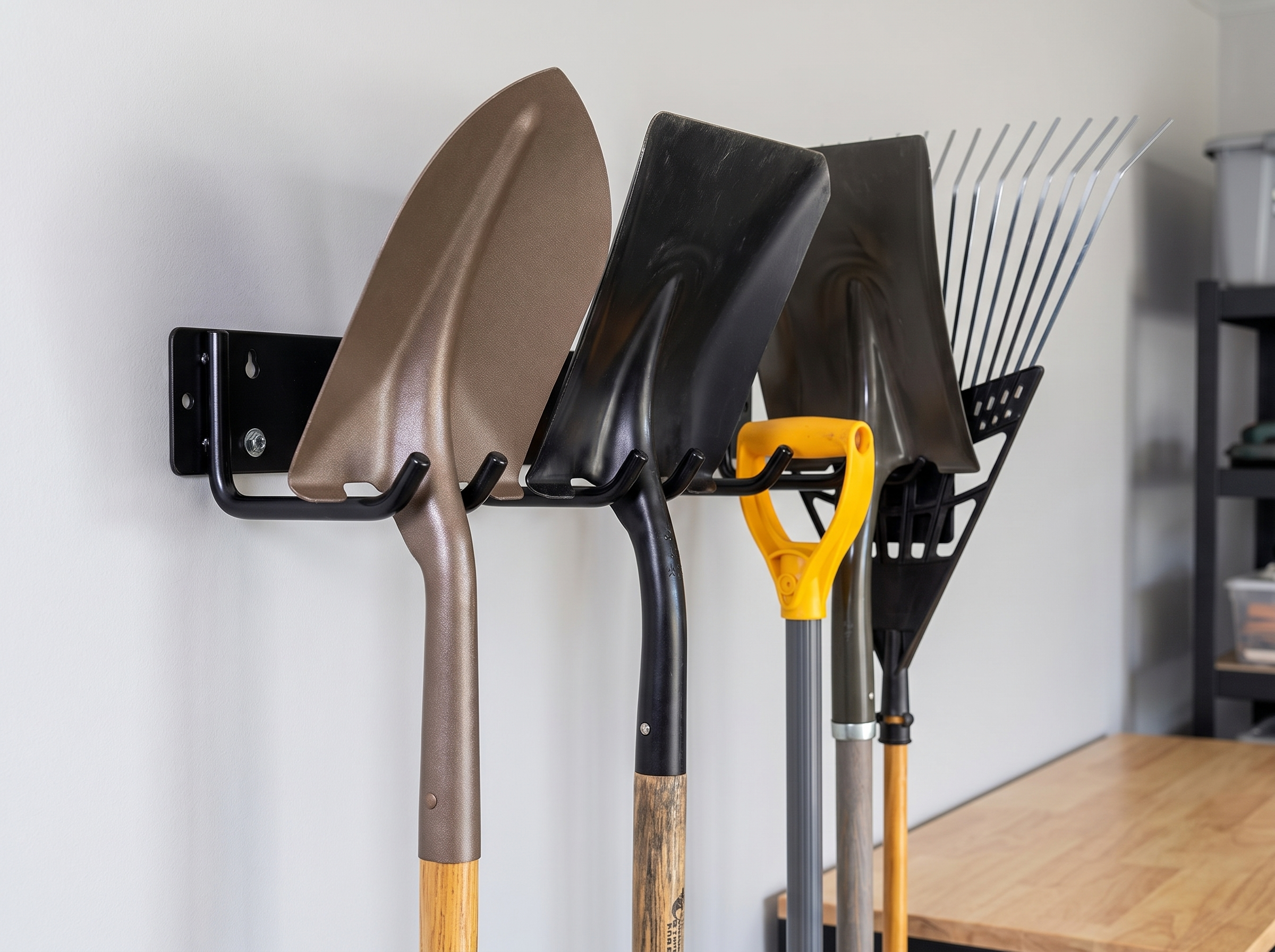 Wall-Mounted Metal Tool Hook for Garage and Garden Organization in a realistic home setting