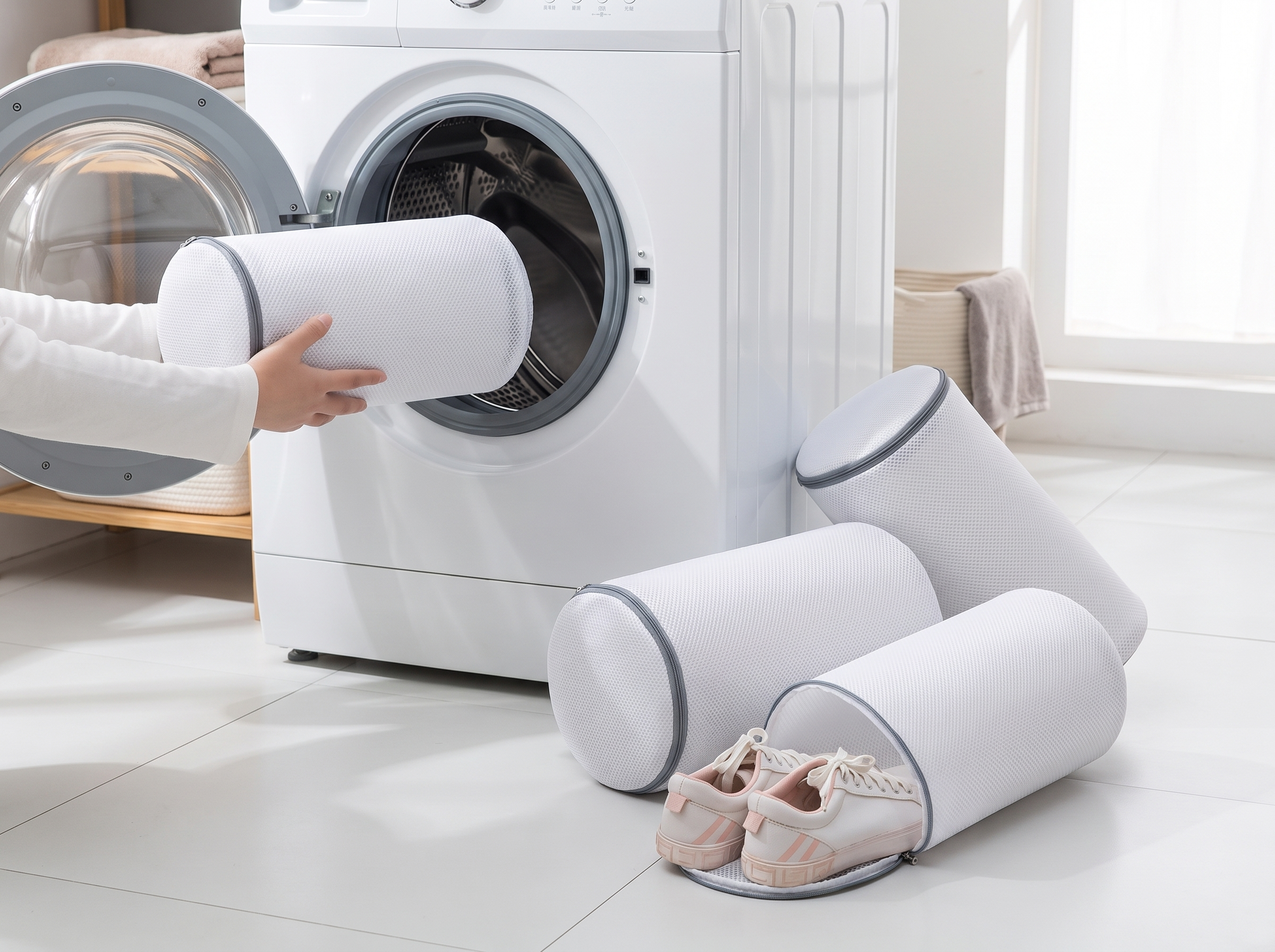 Mesh Laundry Shoe Washing Bag with Zipper for Machine Washing in a realistic home setting