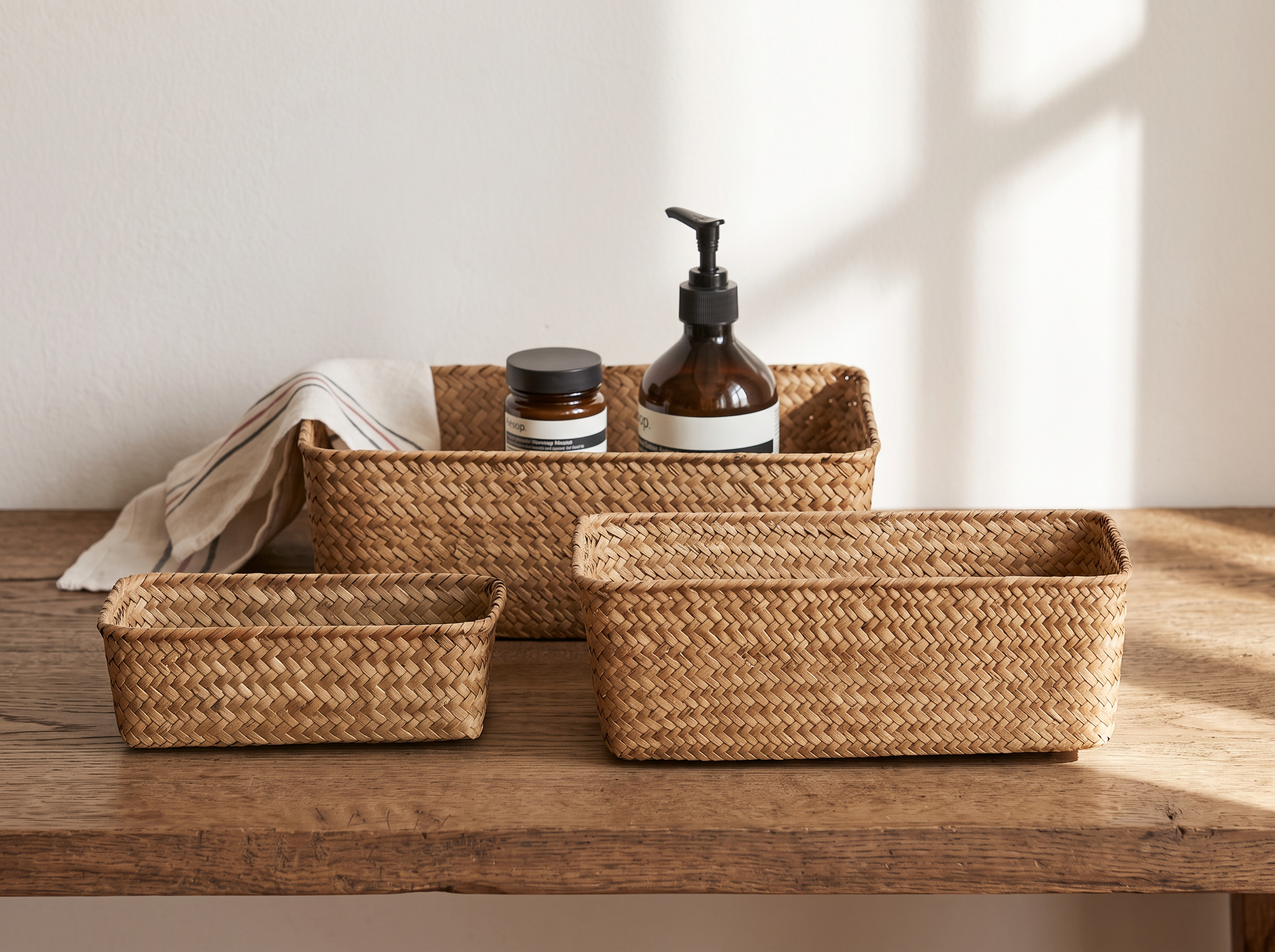 Handwoven Rectangular Seagrass Storage Basket in a realistic home setting