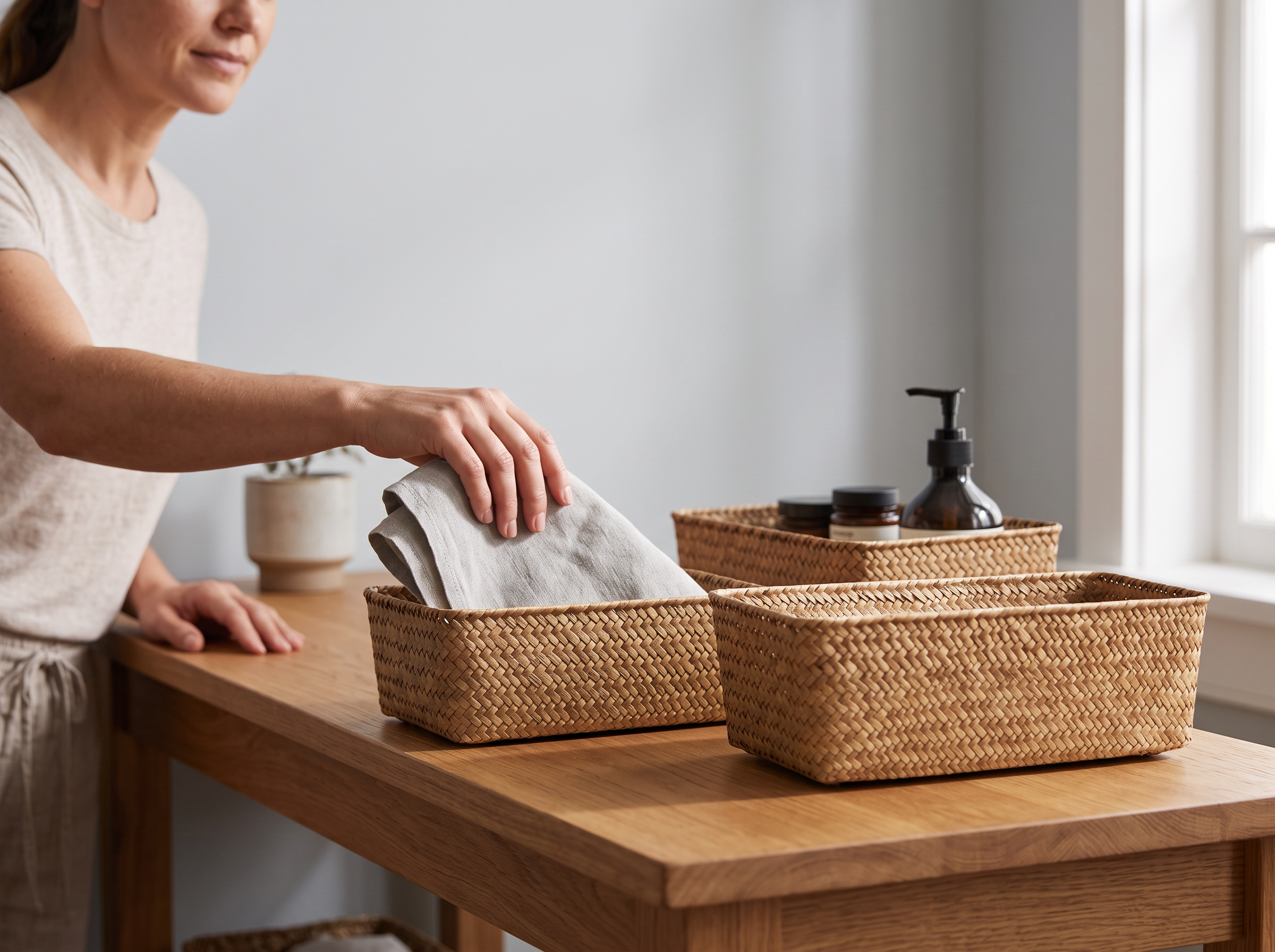 Handwoven Rectangular Seagrass Storage Basket shown in natural everyday use at home