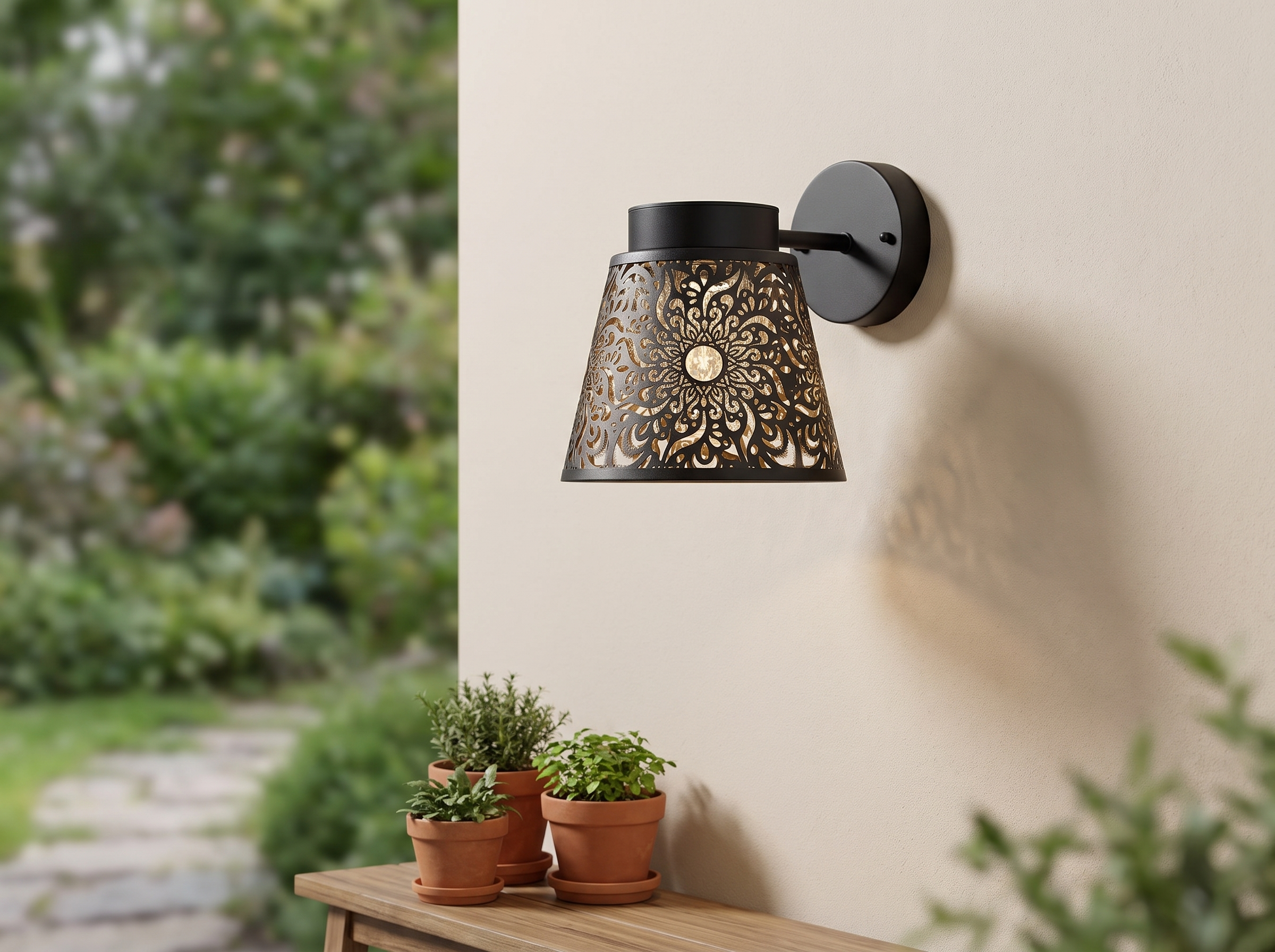 Solar Datura Wall Lantern – Decorative Outdoor Garden Light in a realistic home setting