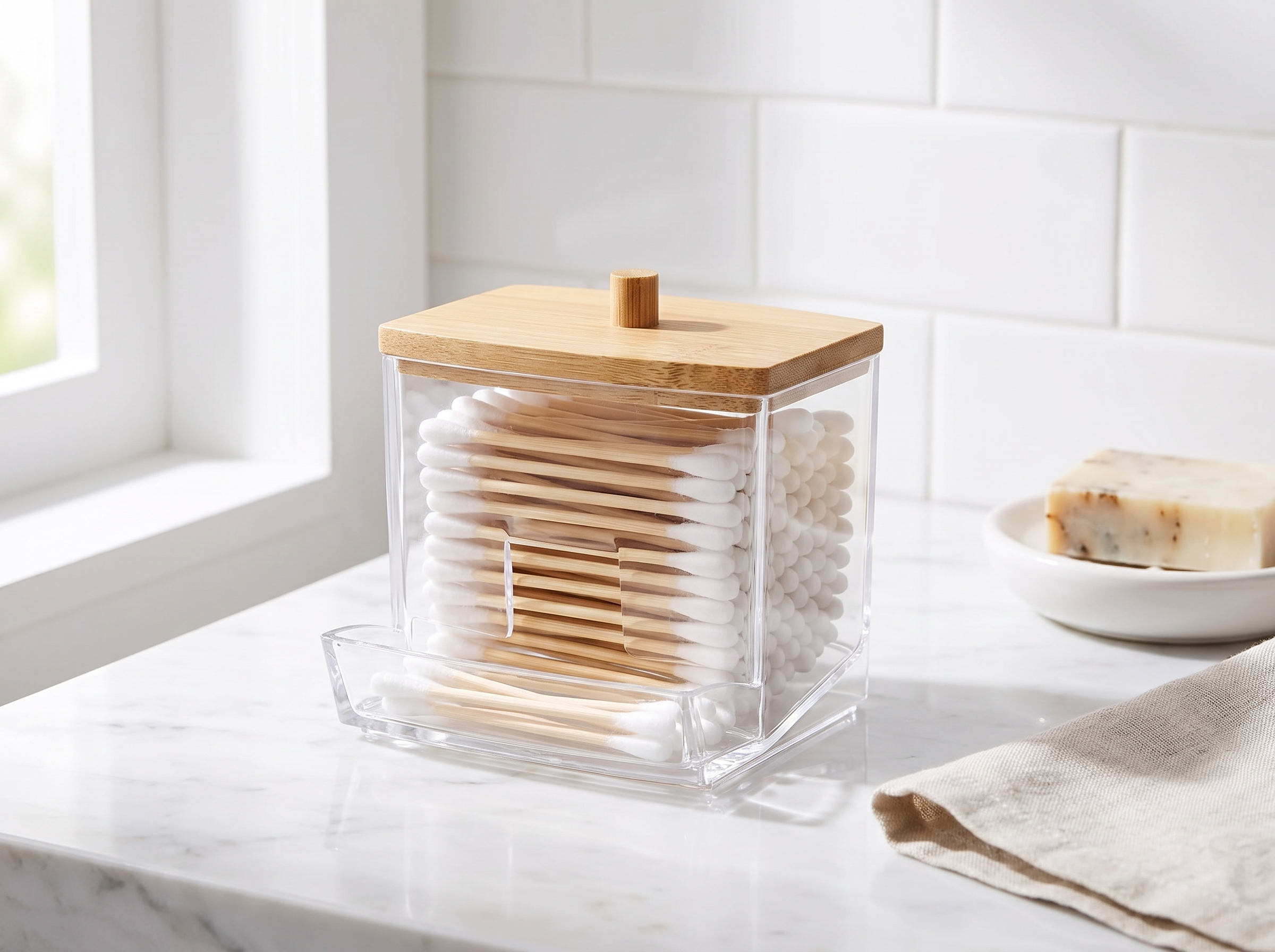 Clear Cotton Swab and Cotton Pad Holder with Lid in a realistic home setting