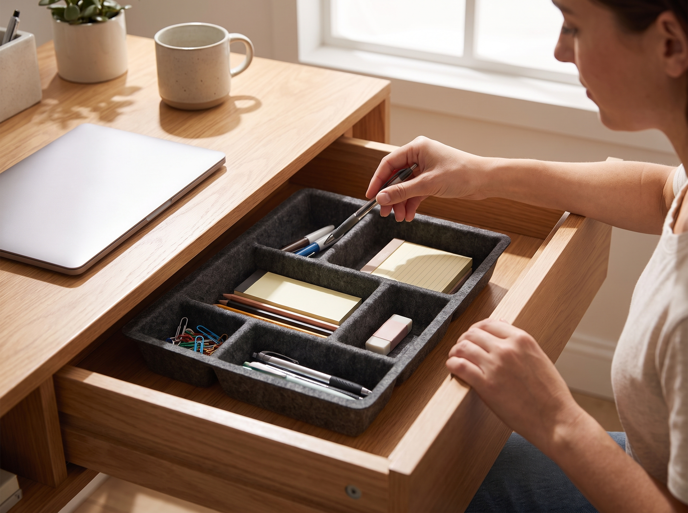 Felt Drawer Organizer Tray with 6 Compartments for Home or Office shown in natural everyday use at home