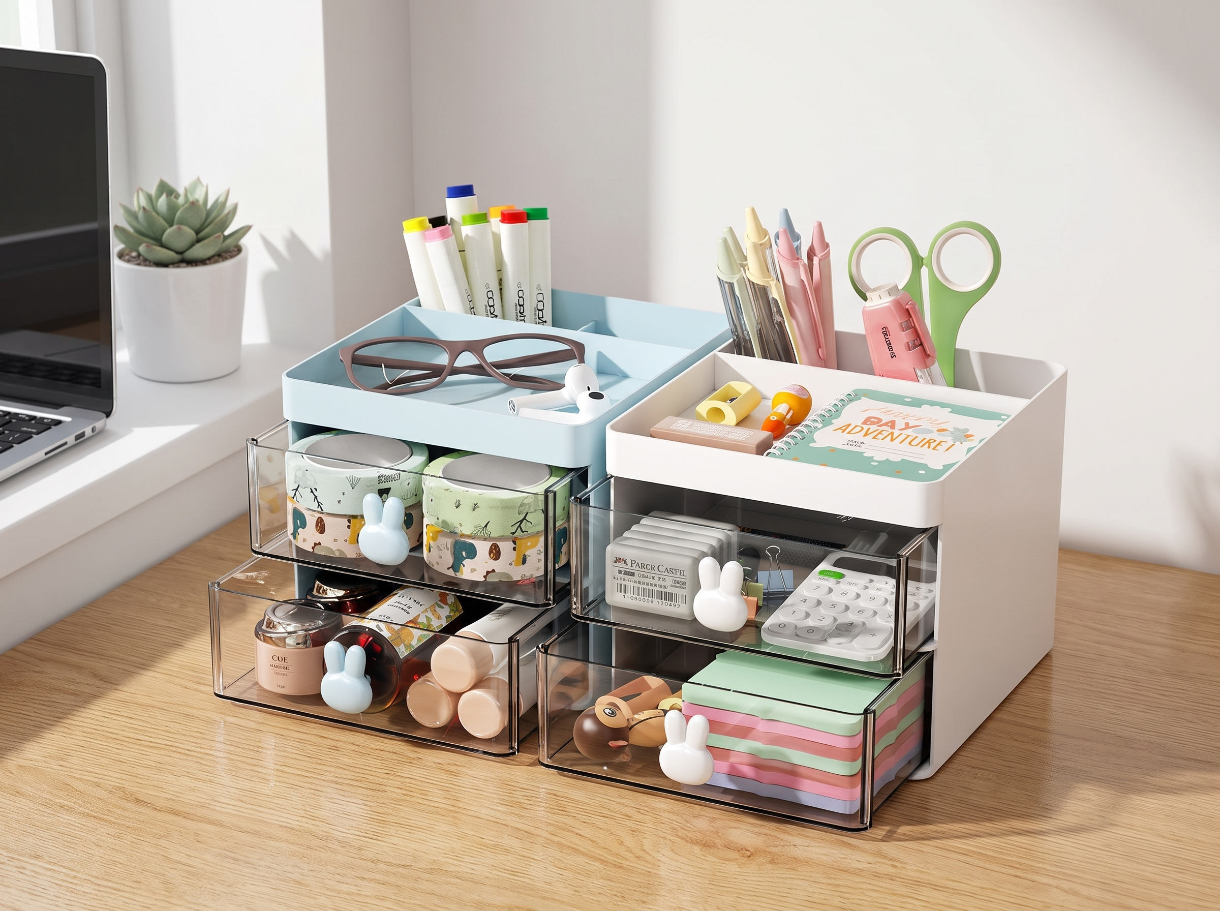 Small Desk Organizer with Drawers for Home Office or Vanity in a realistic home setting