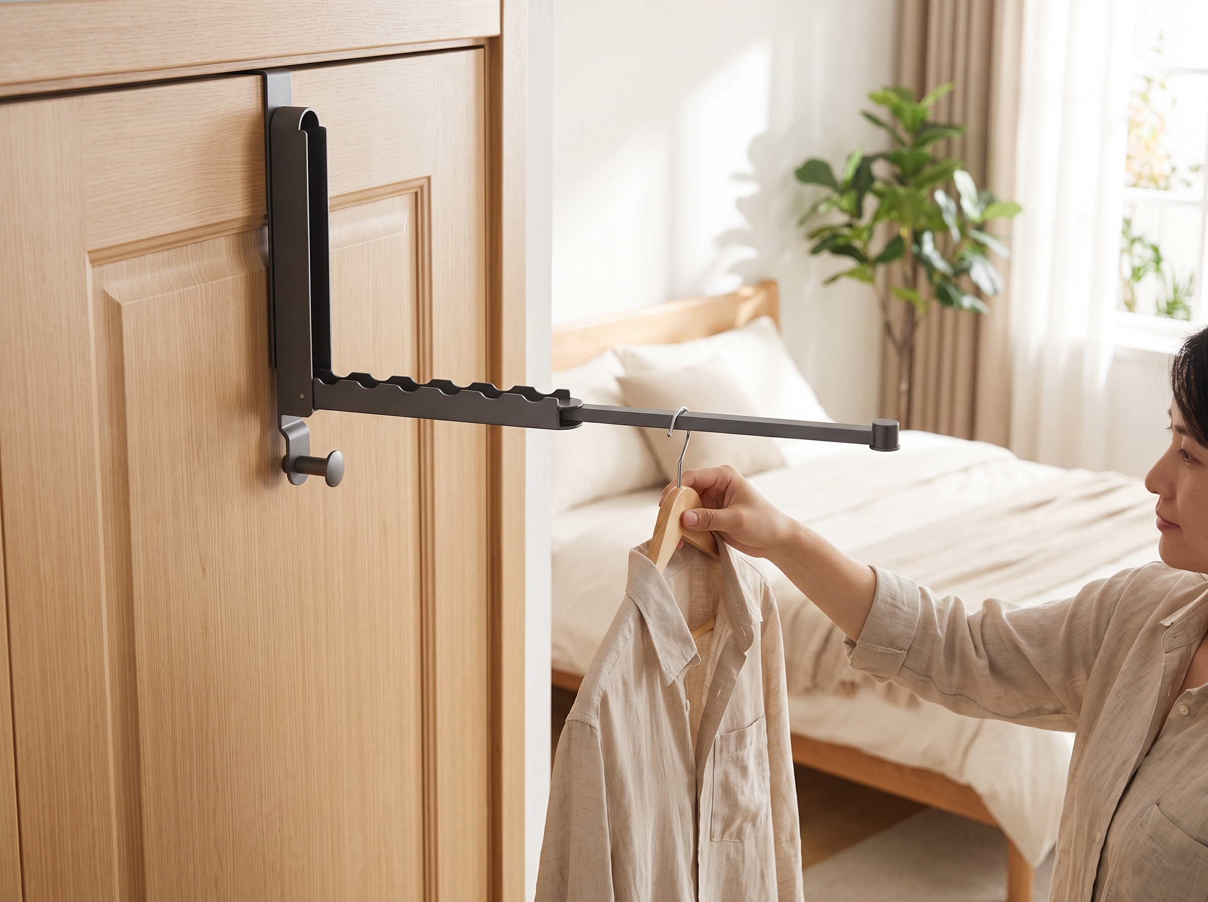 Folding Over-the-Door Drying Rack with Retractable Rod – Black Gray shown in natural everyday use at home