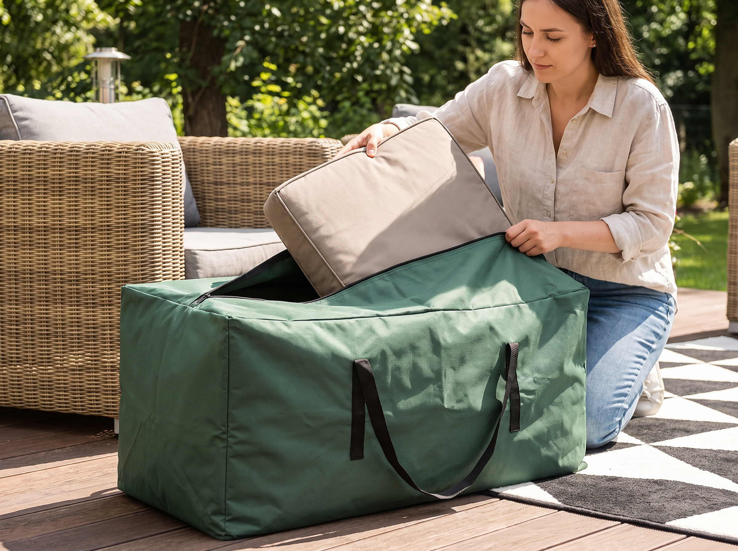 Outdoor Cushion & Furniture Storage Bag – Water-Resistant Oxford, Multiple Sizes shown in natural everyday use at home