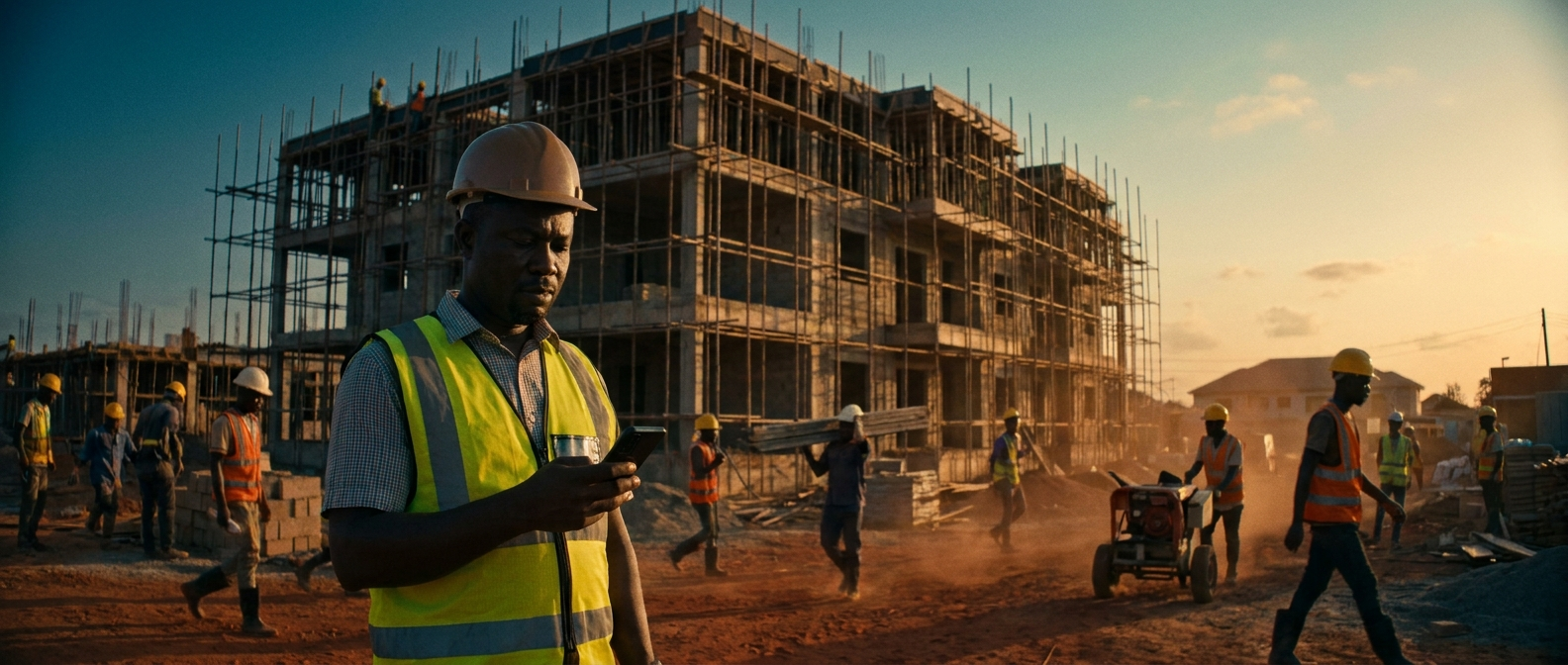 Site manager checking ExvioPro on his phone at a construction site in Ghana