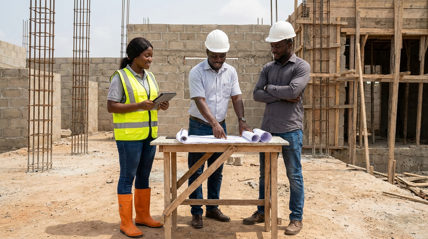 Ghanaian construction team reviewing progress on a tablet