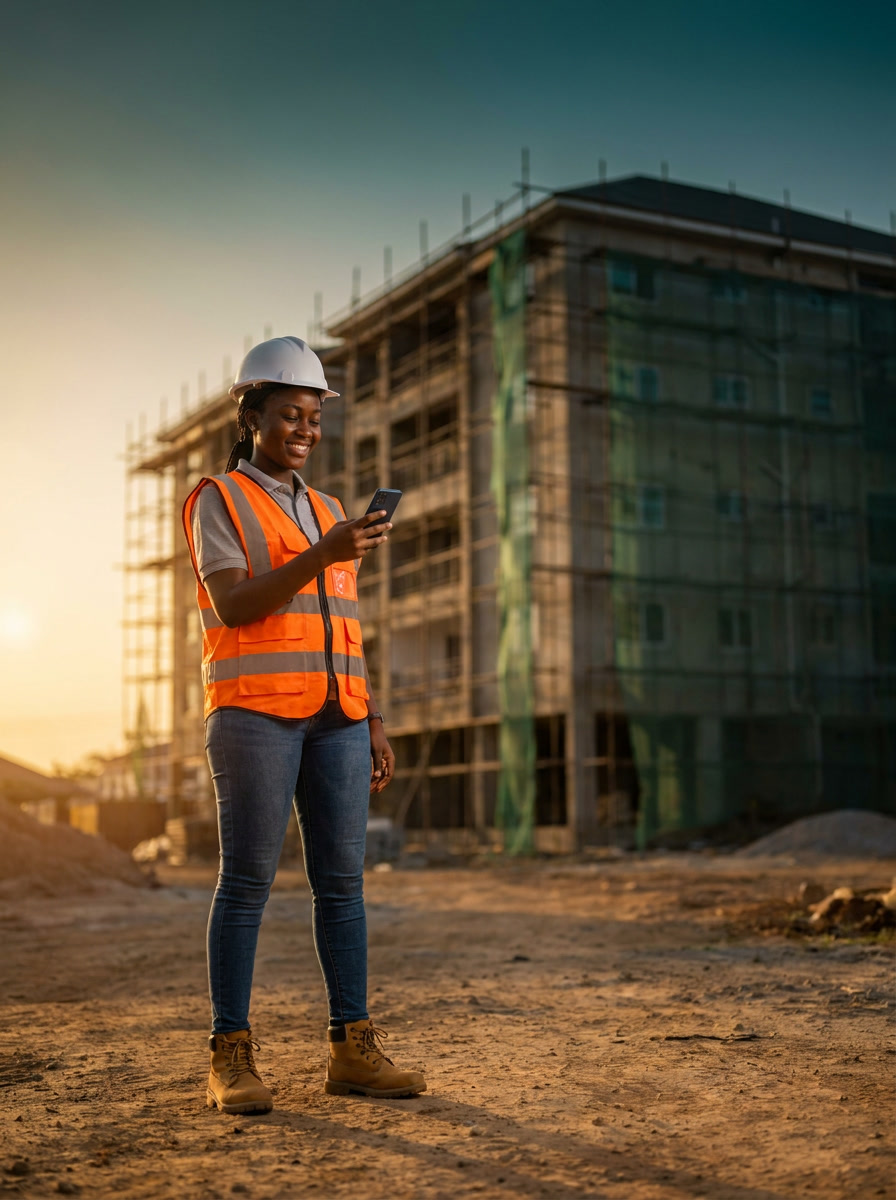 Site engineer using ExvioPro on her phone at a construction site in Ghana