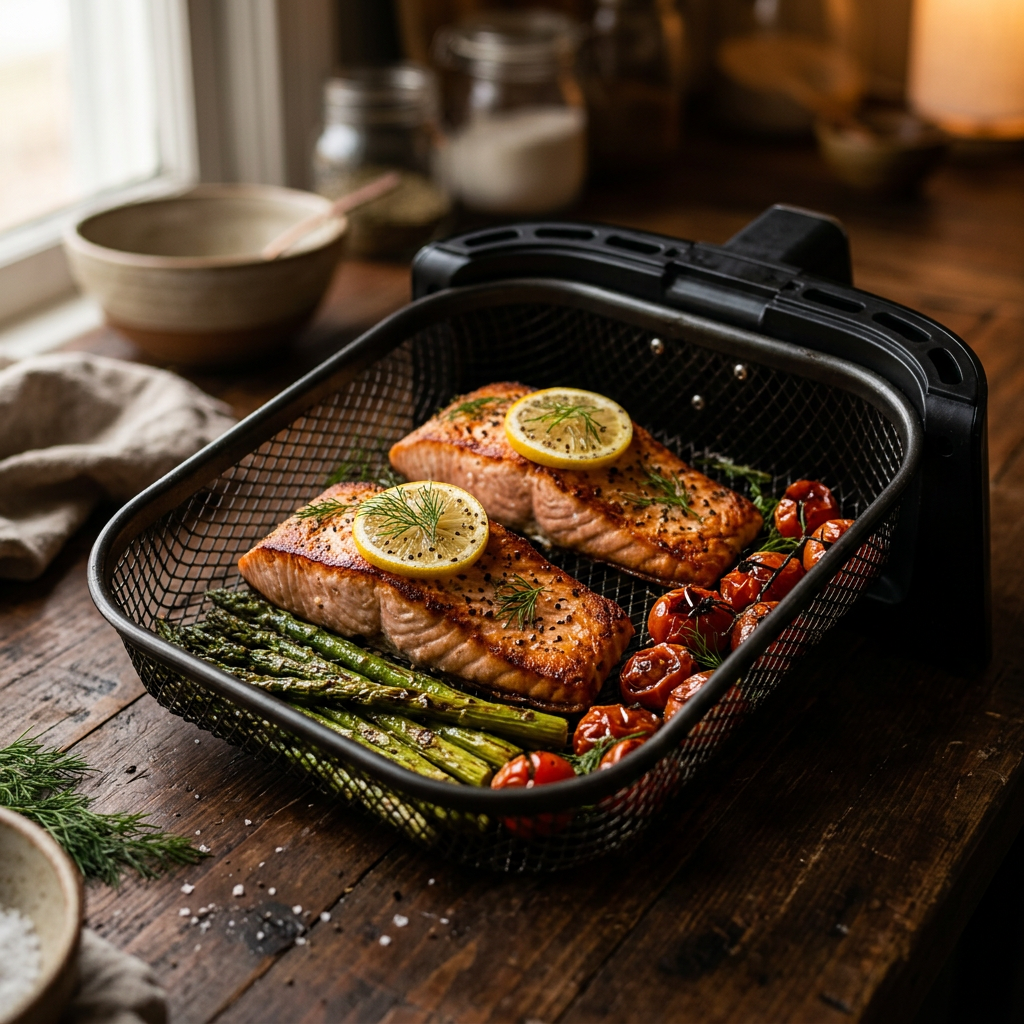 Salmón con espárragos y tomates cherry en freidora de aire