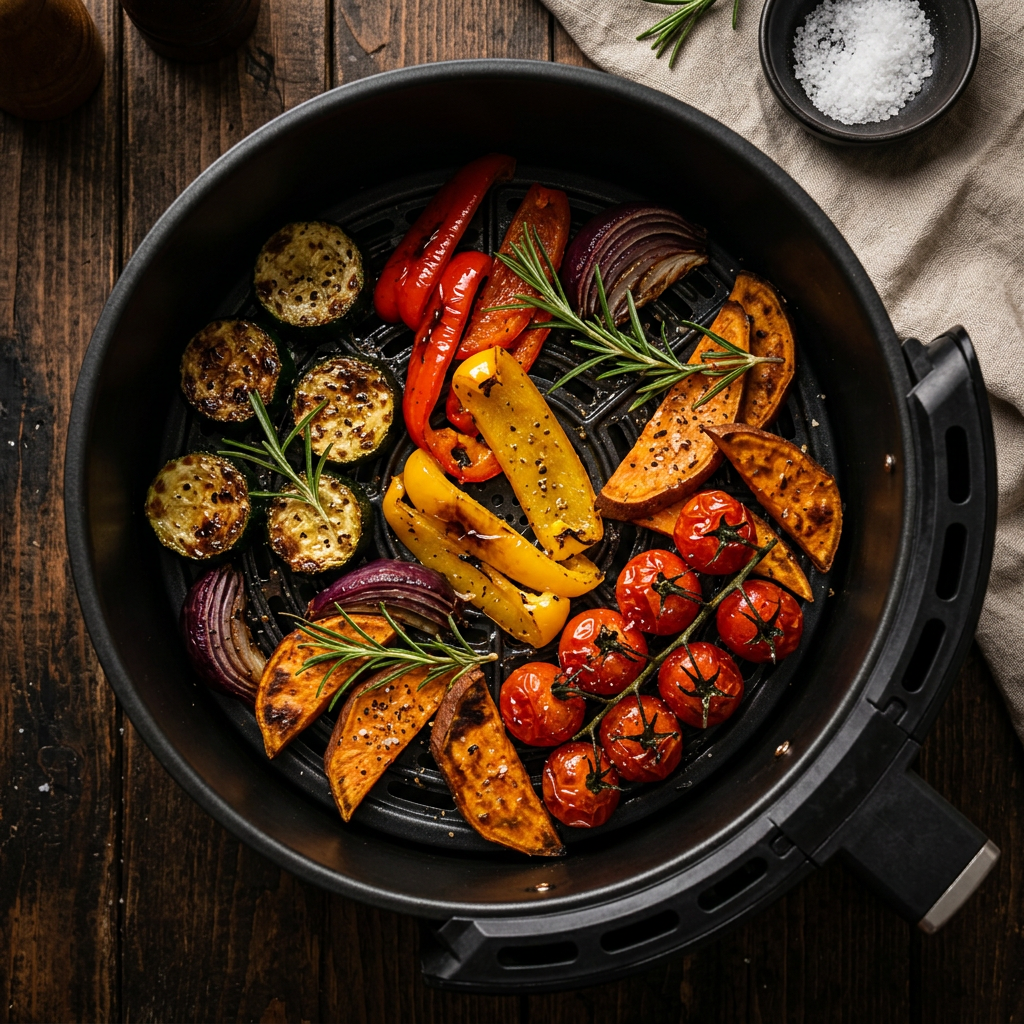 Verduras asadas: zapallo italiano, pimentón y camote en freidora de aire