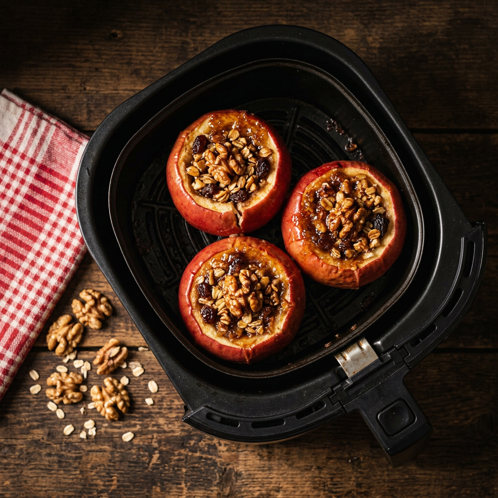 Manzanas rellenas con nuez, avena y canela hechas en freidora de aire