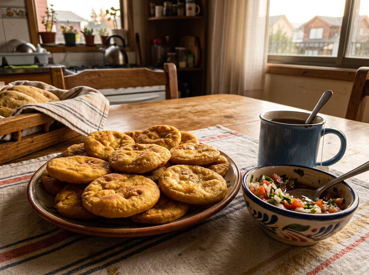 Sopaipillas con pebre hechas por una clienta en su freidora de aire