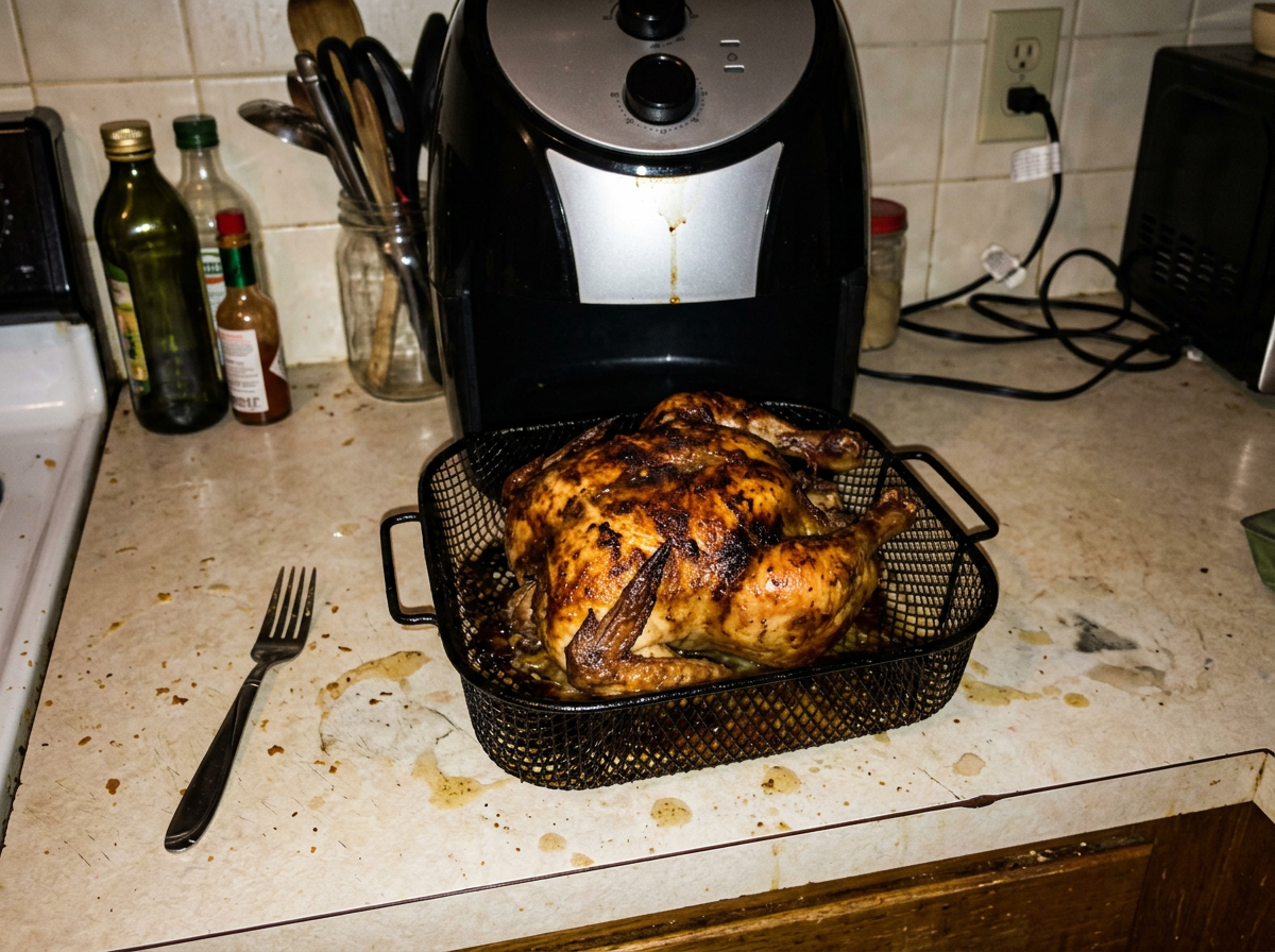 Pollo entero dorado hecho por un cliente en su freidora de aire