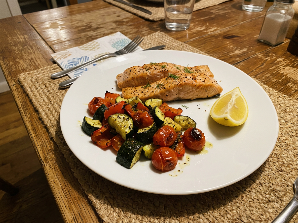 Salmón con verduras asadas hecho por una clienta en su freidora de aire