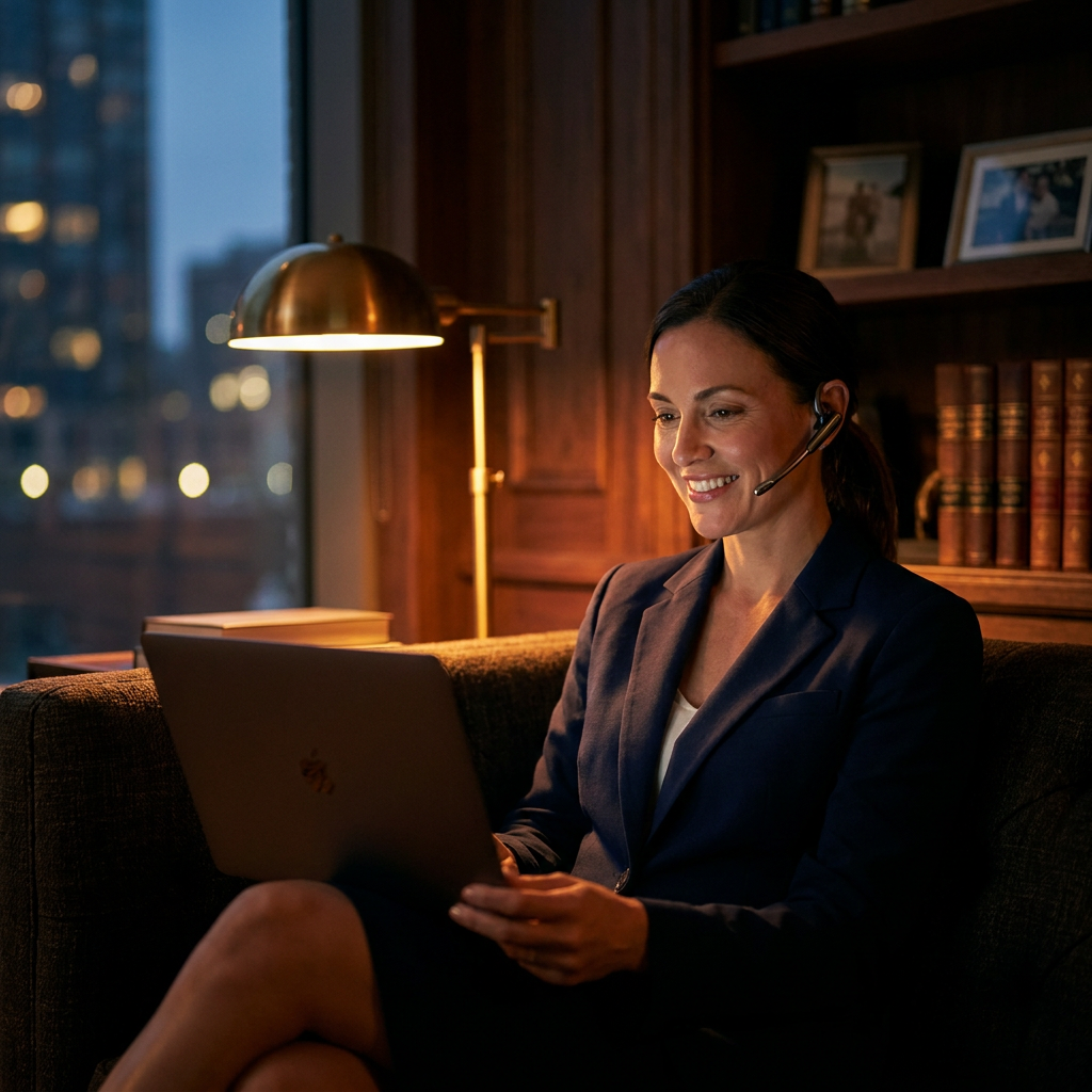 A professional answering a business call on a wireless headset while working away from the office