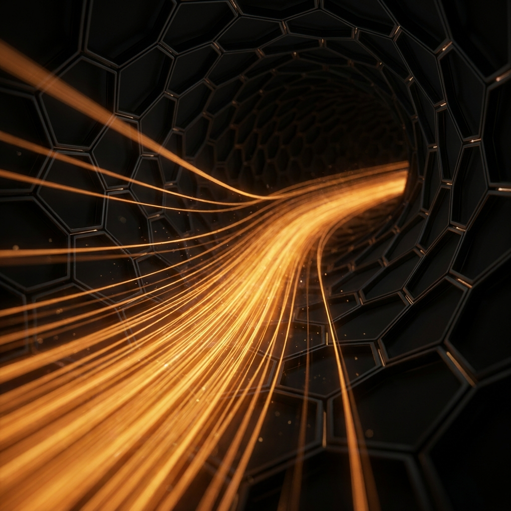 A stream of glowing fibre-optic light travelling through a network — calls travel over the internet