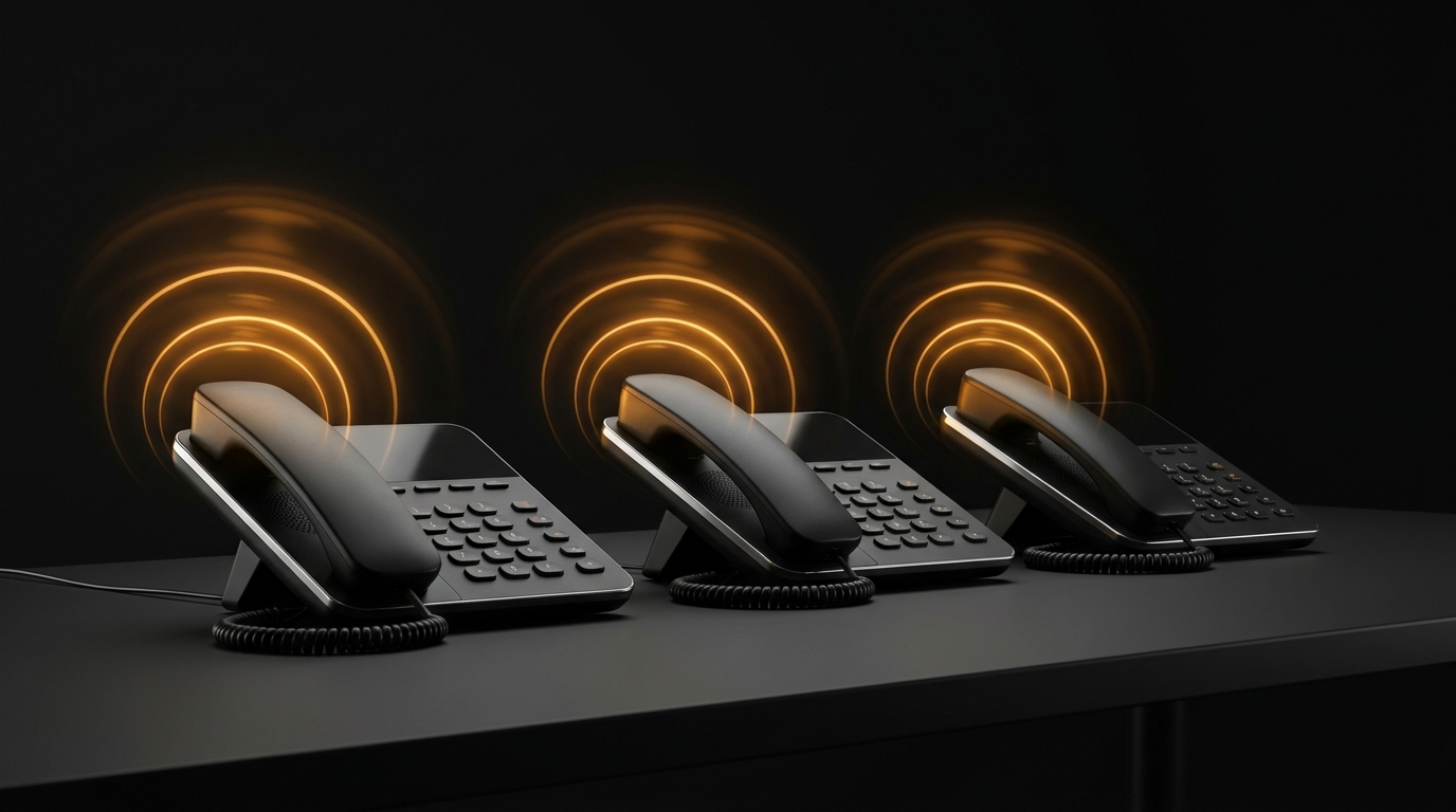 Three desk phones ringing together in a hunt group