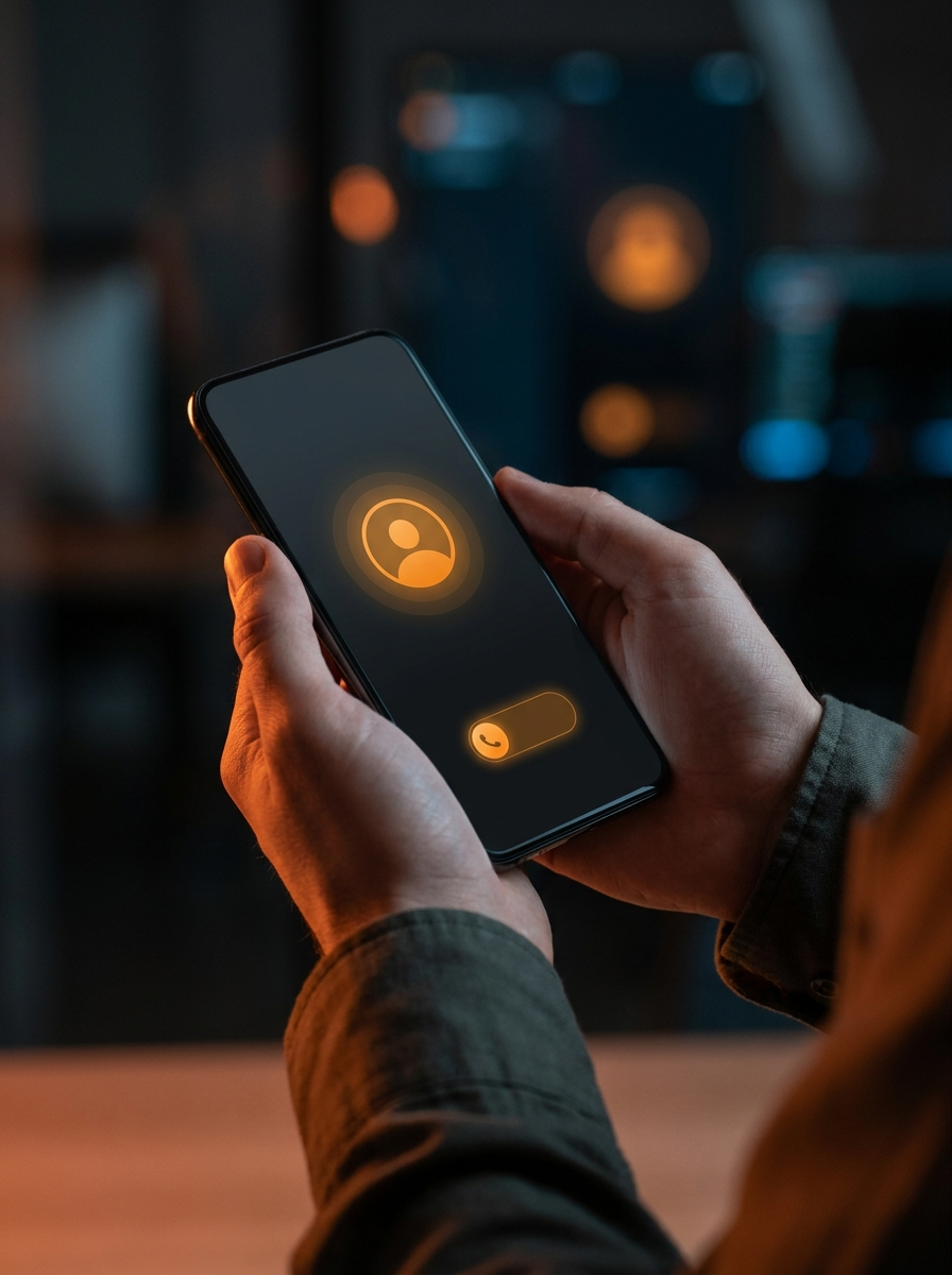 Hands holding a smartphone with an incoming business call on the softphone app
