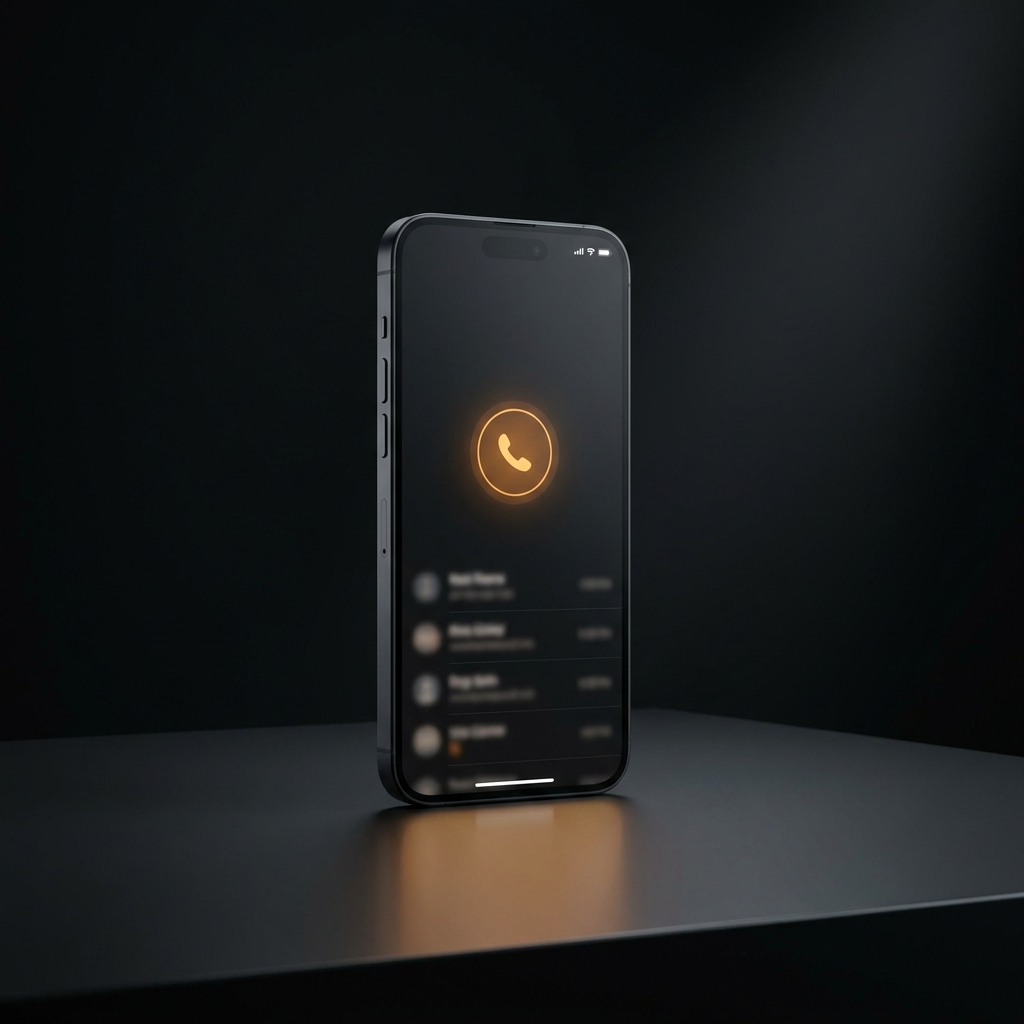 A smartphone running a softphone dialer app with a glowing call button