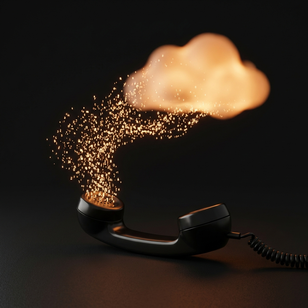 An old phone handset dissolving into light particles rising into a glowing cloud — your number moves to the cloud
