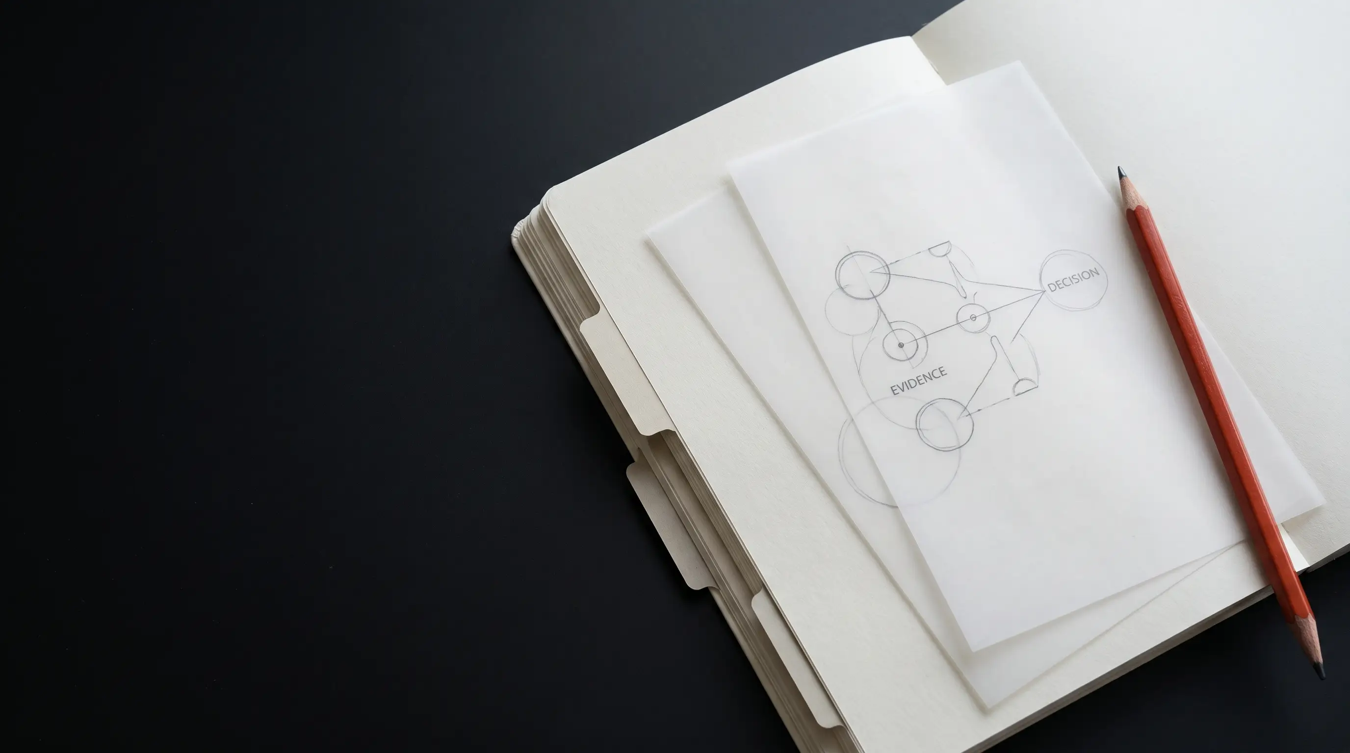 Editorial illustration of a notebook and red pencil, evoking the working process behind product decisions.