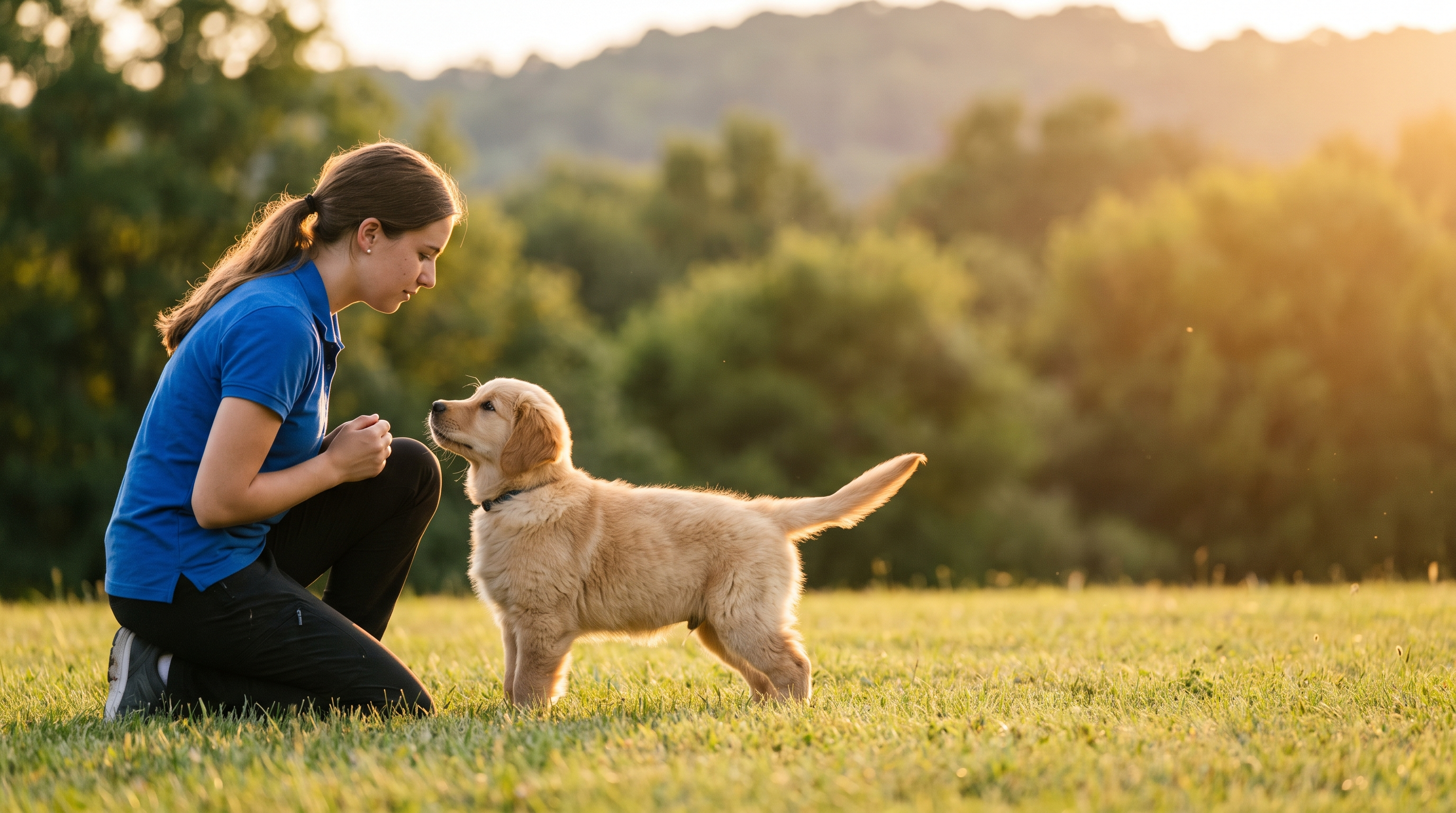 Hundetrainerin kniet auf Augenhöhe mit einem goldenen Retriever-Welpen auf einer grünen Wiese – Welpen-Schule beim Knottenwäldchen