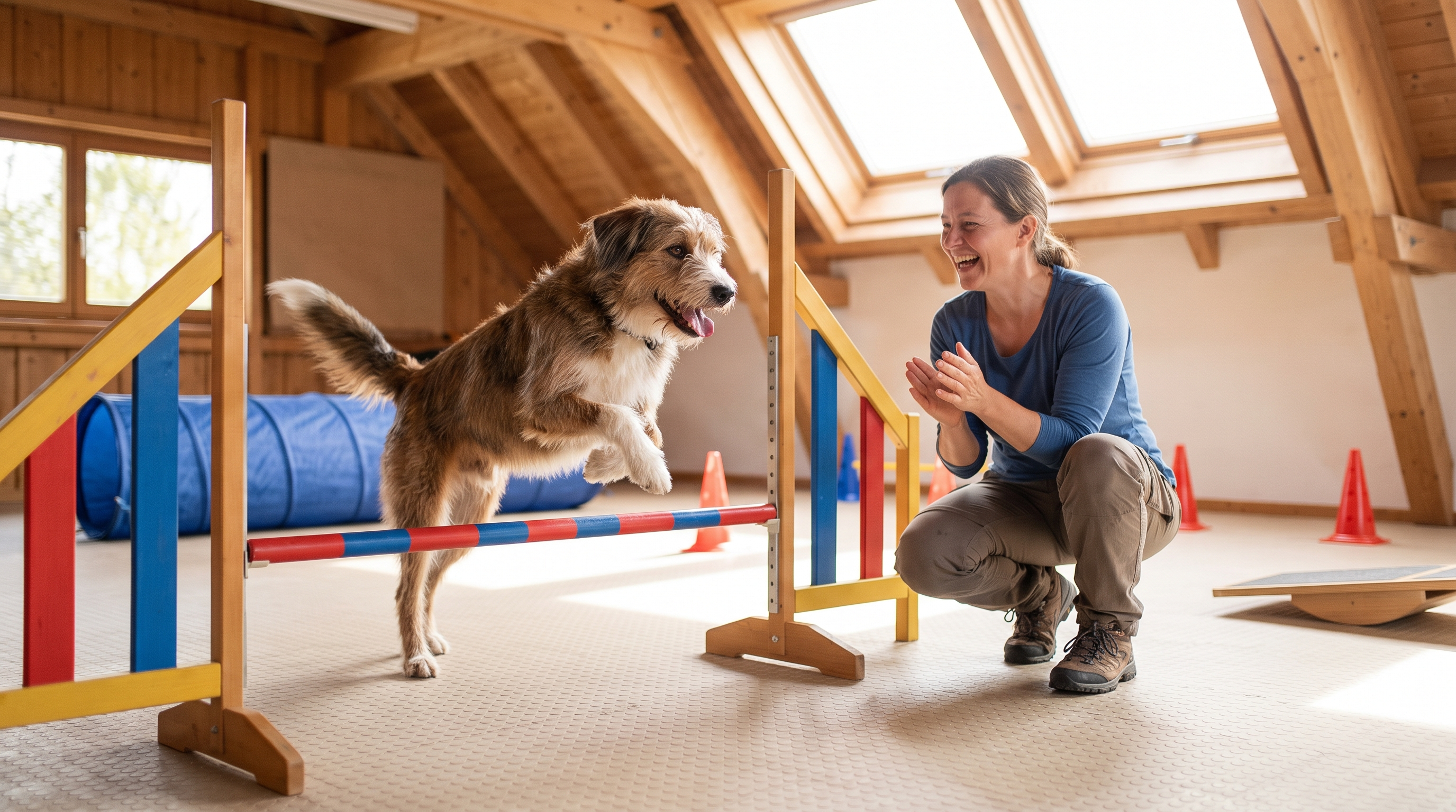 Hund springt fröhlich über eine niedrige Hürde in der Trainingshalle, die Hundetrainerin hockt daneben und freut sich mit – Fungility beim Knottenwäldchen