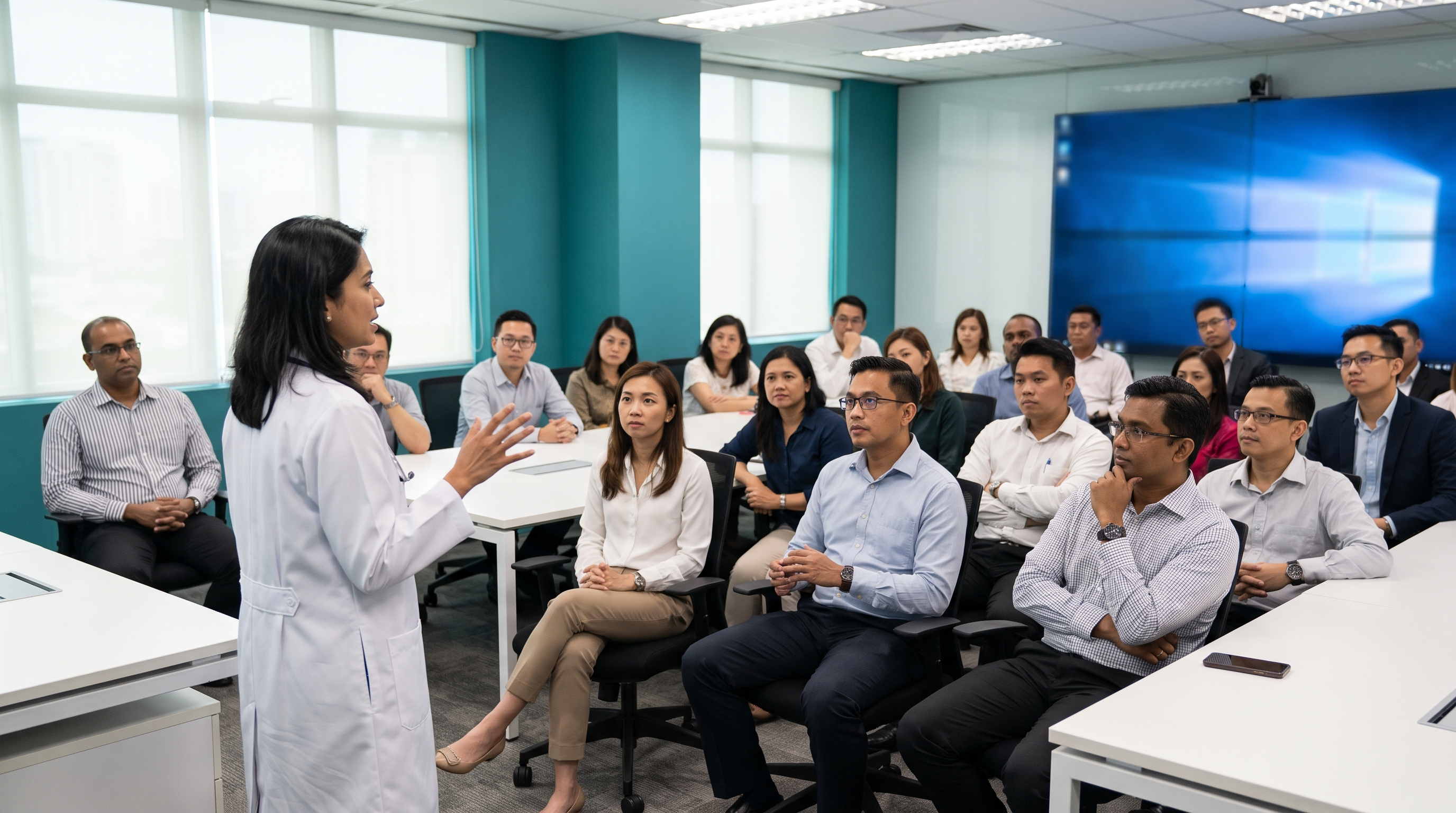 Malaysian doctor delivering a mental health awareness talk to employees